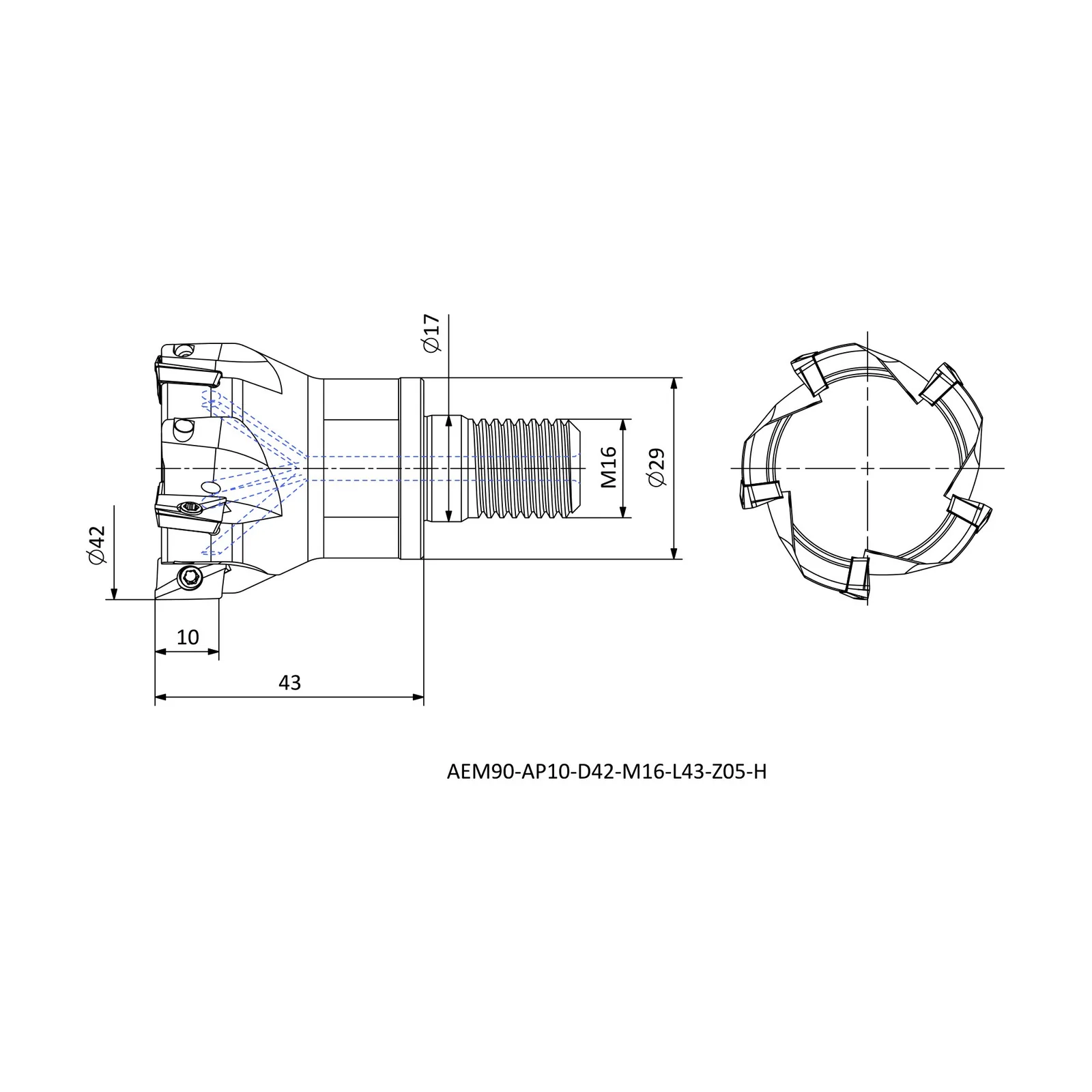 AEM90-AP10-D42-M16-L43-Z05-H &mdash; dimensioned drawing