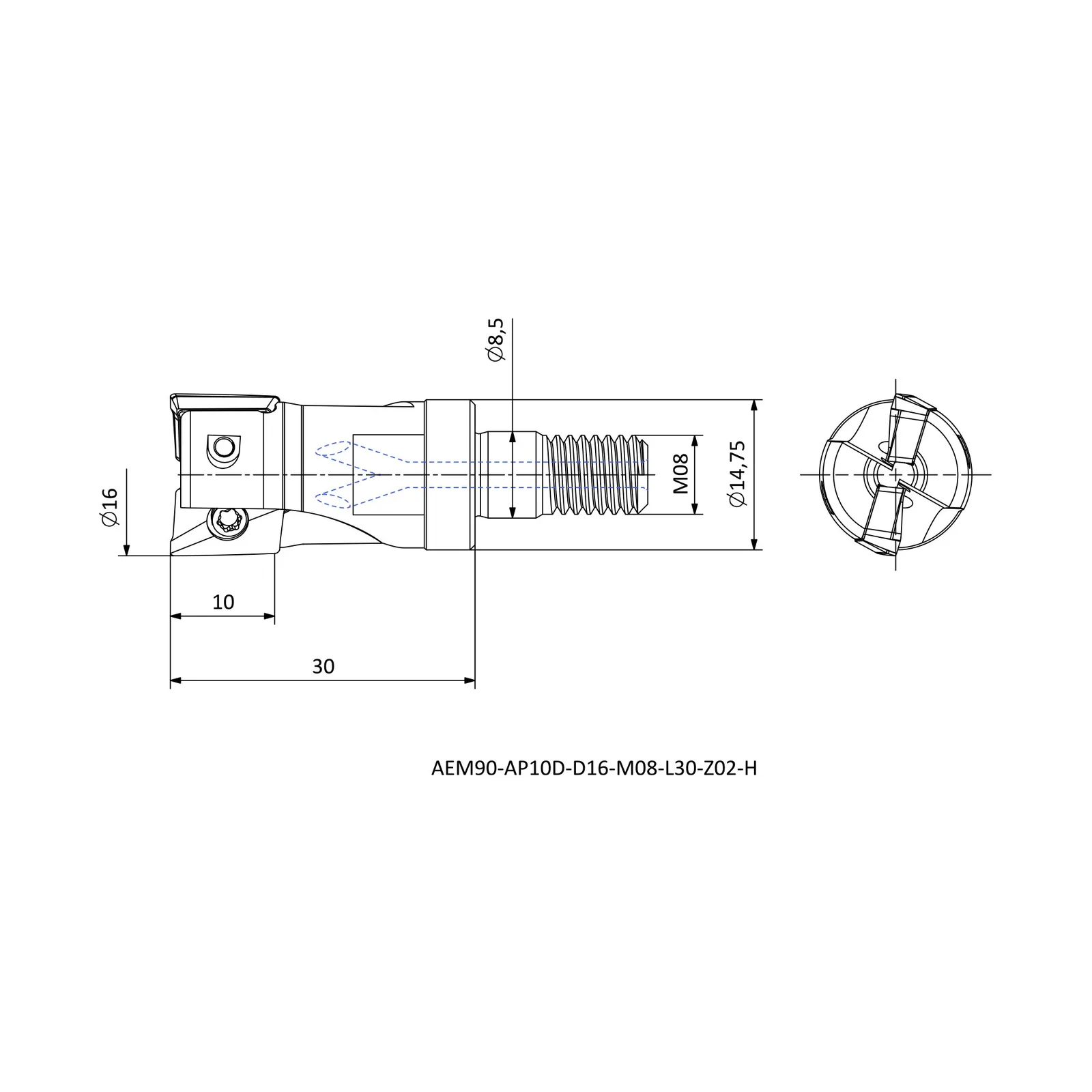 AEM90-AP10D-D16-M08-L30-Z02-H &mdash; dimensioned drawing