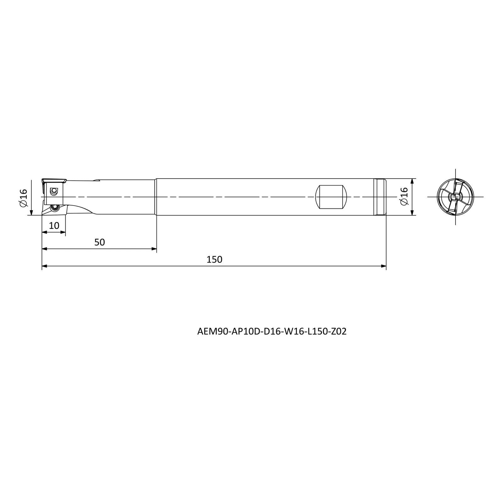 AEM90-AP10D-D16-W16-L150-Z02 &mdash; dimensioned drawing