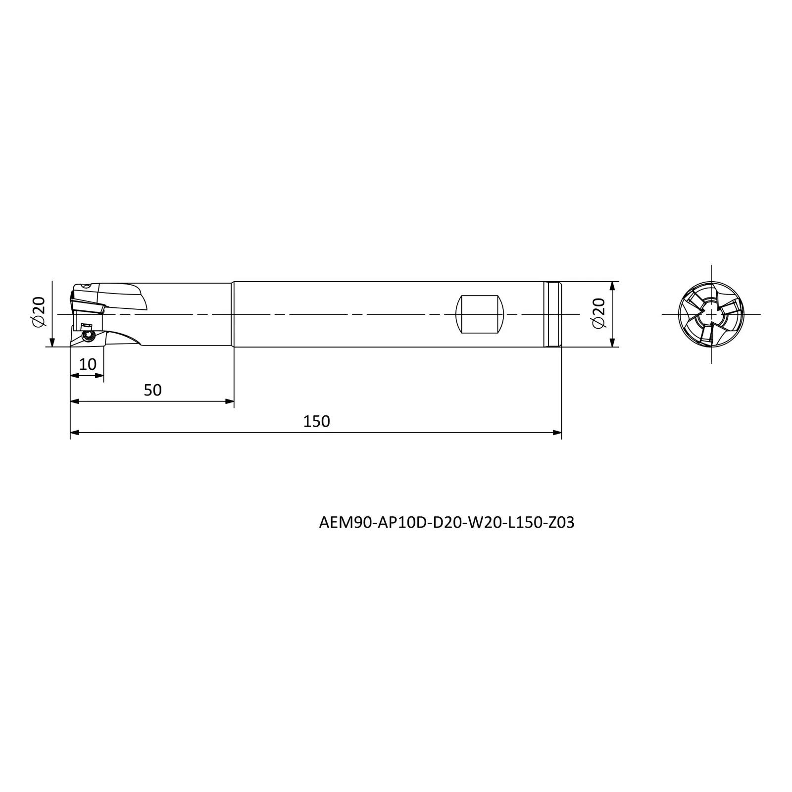 AEM90-AP10D-D20-W20-L150-Z03 &mdash; dimensioned drawing