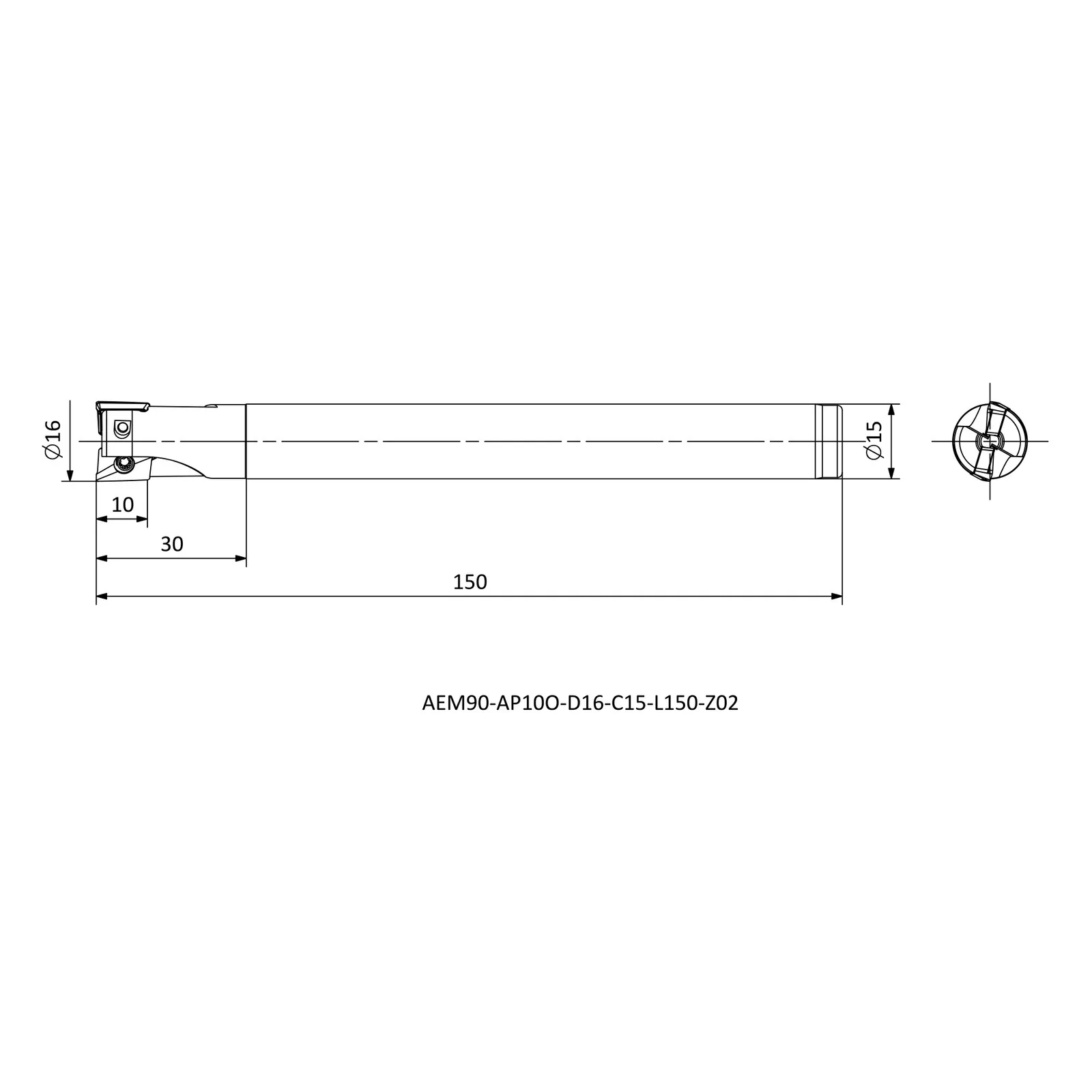 AEM90-AP10O-D16-C15-L150-Z02 &mdash; dimensioned drawing