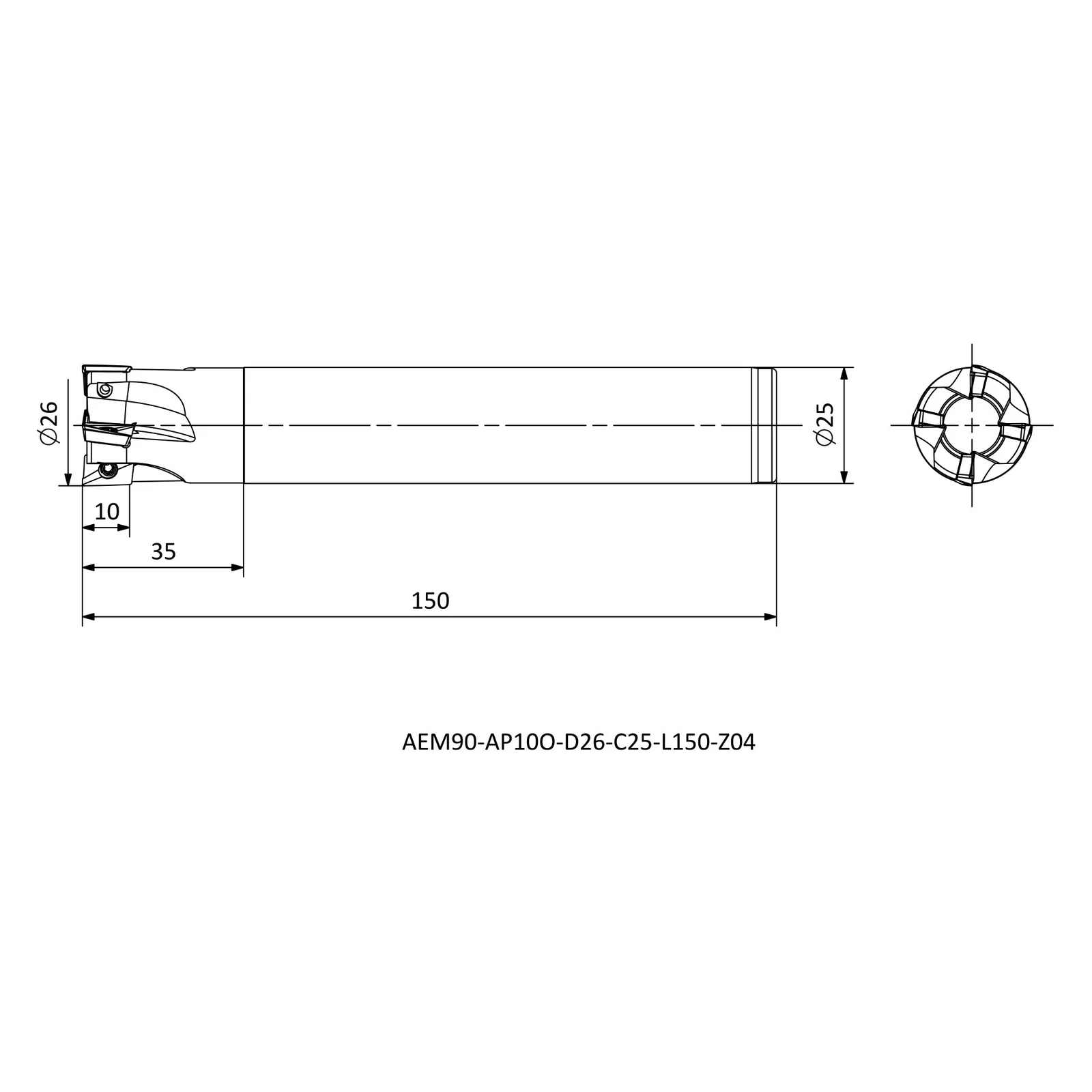 AEM90-AP10O-D26-C25-L150-Z04 &mdash; dimensioned drawing