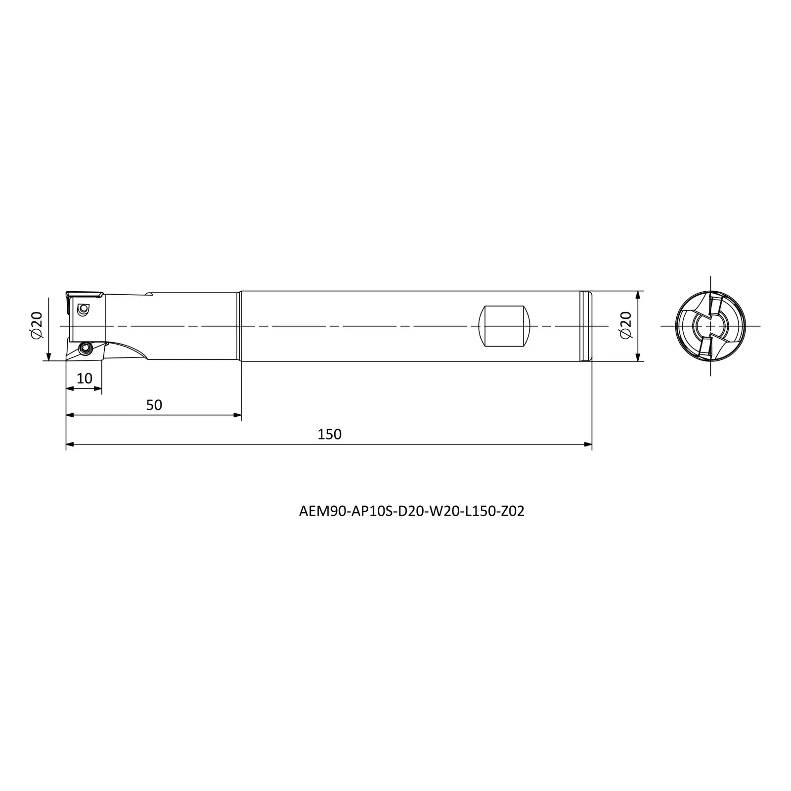 AEM90-AP10S-D20-W20-L150-Z02 &mdash; dimensioned drawing