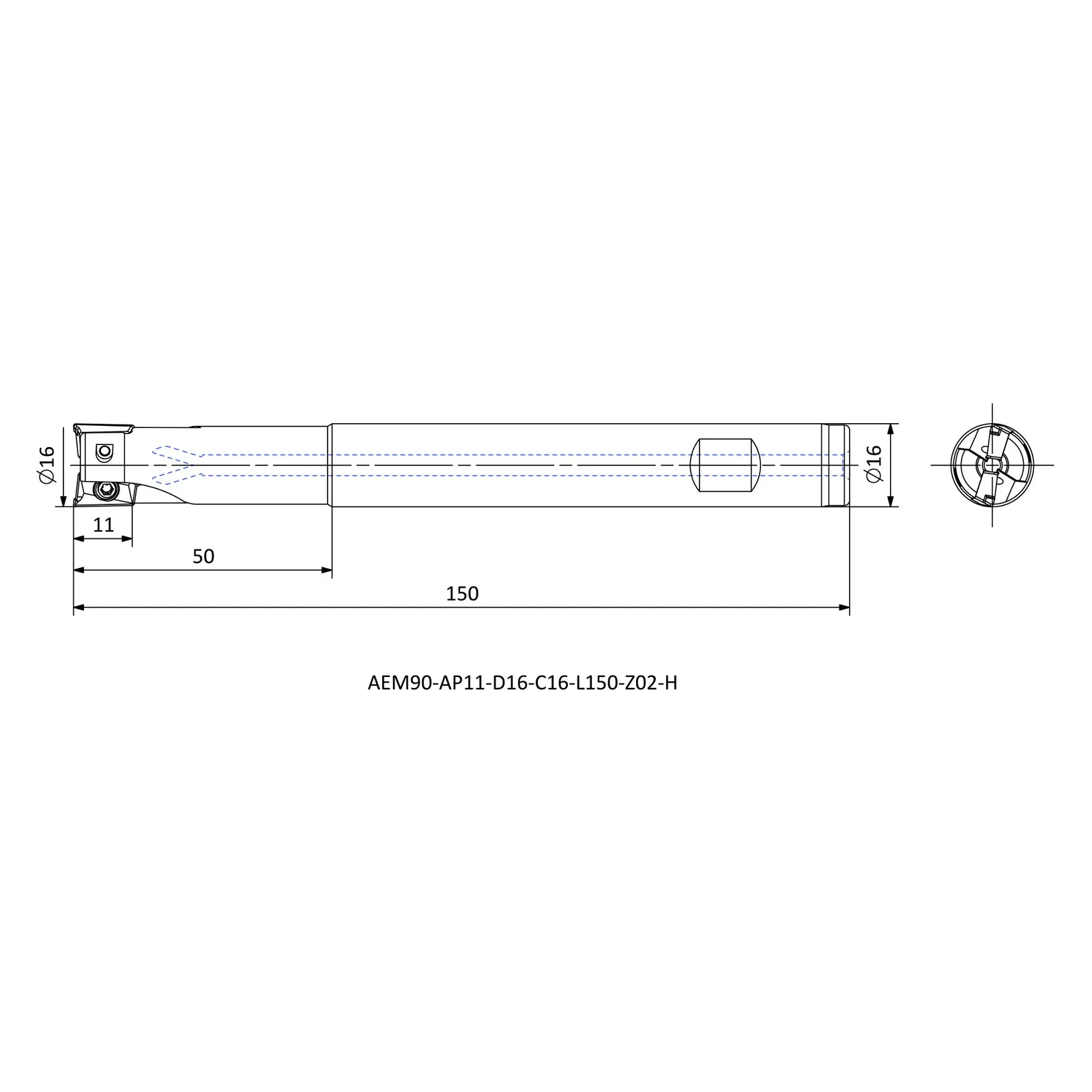 AEM90-AP11-D16-C16-L150-Z02-H &mdash; dimensioned drawing