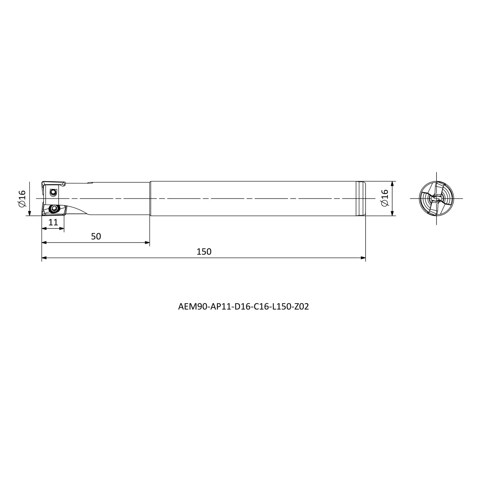AEM90-AP11-D16-C16-L150-Z02 &mdash; dimensioned drawing