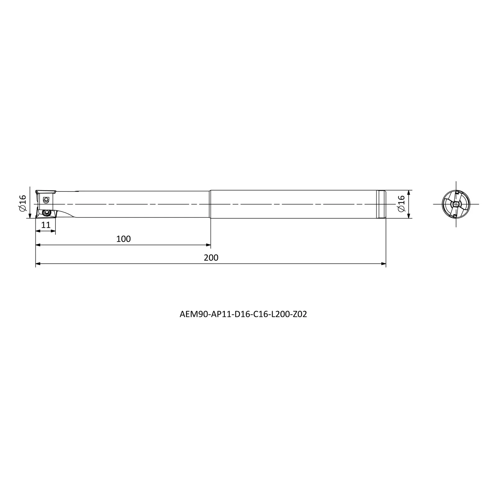 AEM90-AP11-D16-C16-L200-Z02 &mdash; dimensioned drawing
