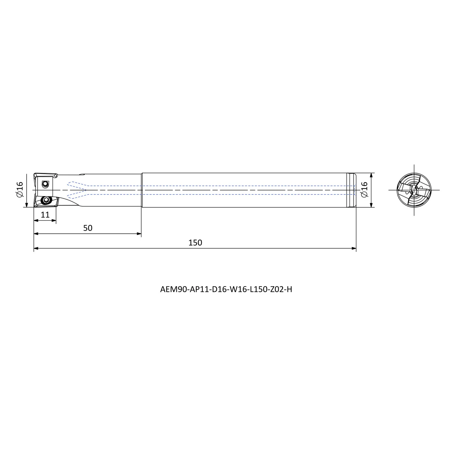 AEM90-AP11-D16-W16-L150-Z02-H &mdash; dimensioned drawing