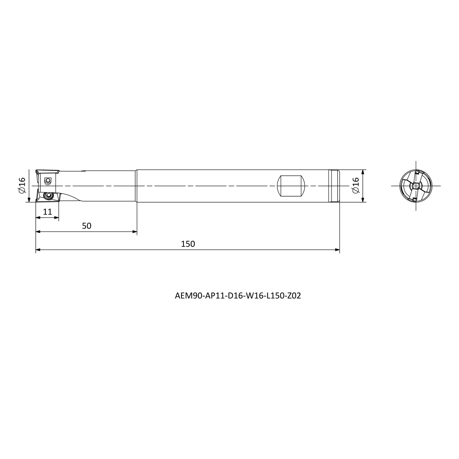AEM90-AP11-D16-W16-L150-Z02 &mdash; dimensioned drawing