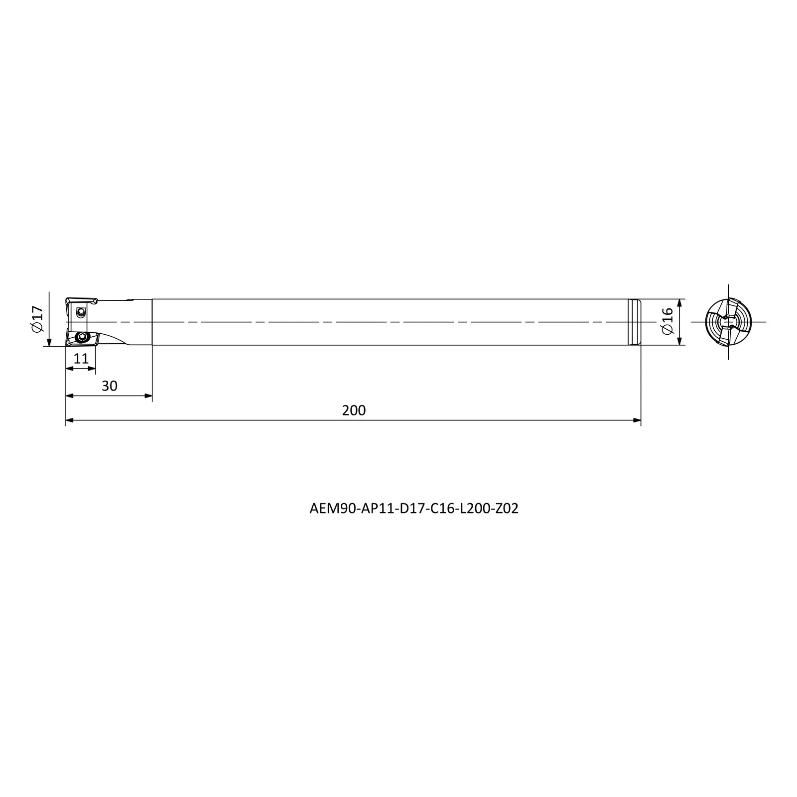 AEM90-AP11-D17-C16-L200-Z02 &mdash; dimensioned drawing