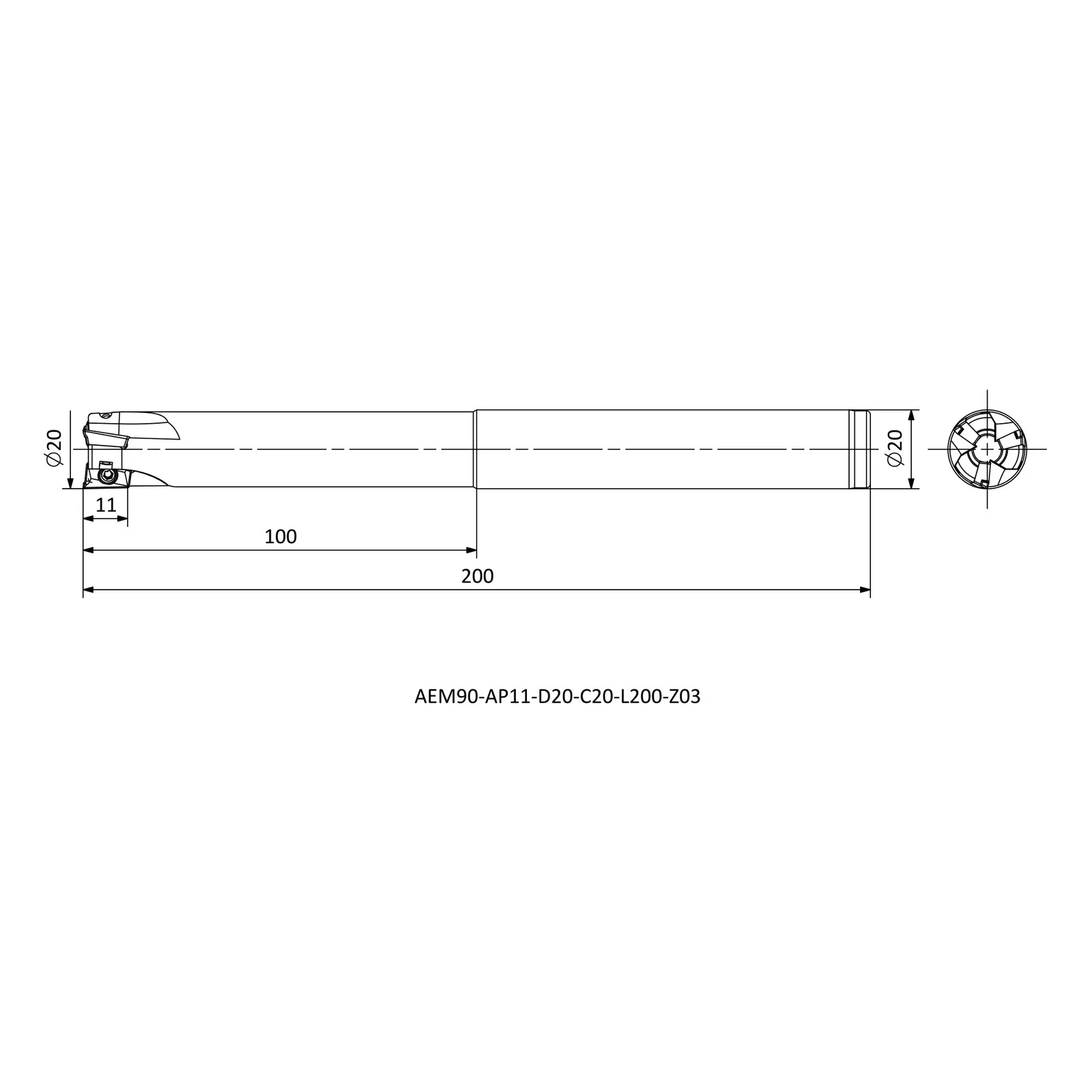 AEM90-AP11-D20-C20-L200-Z03 &mdash; dimensioned drawing