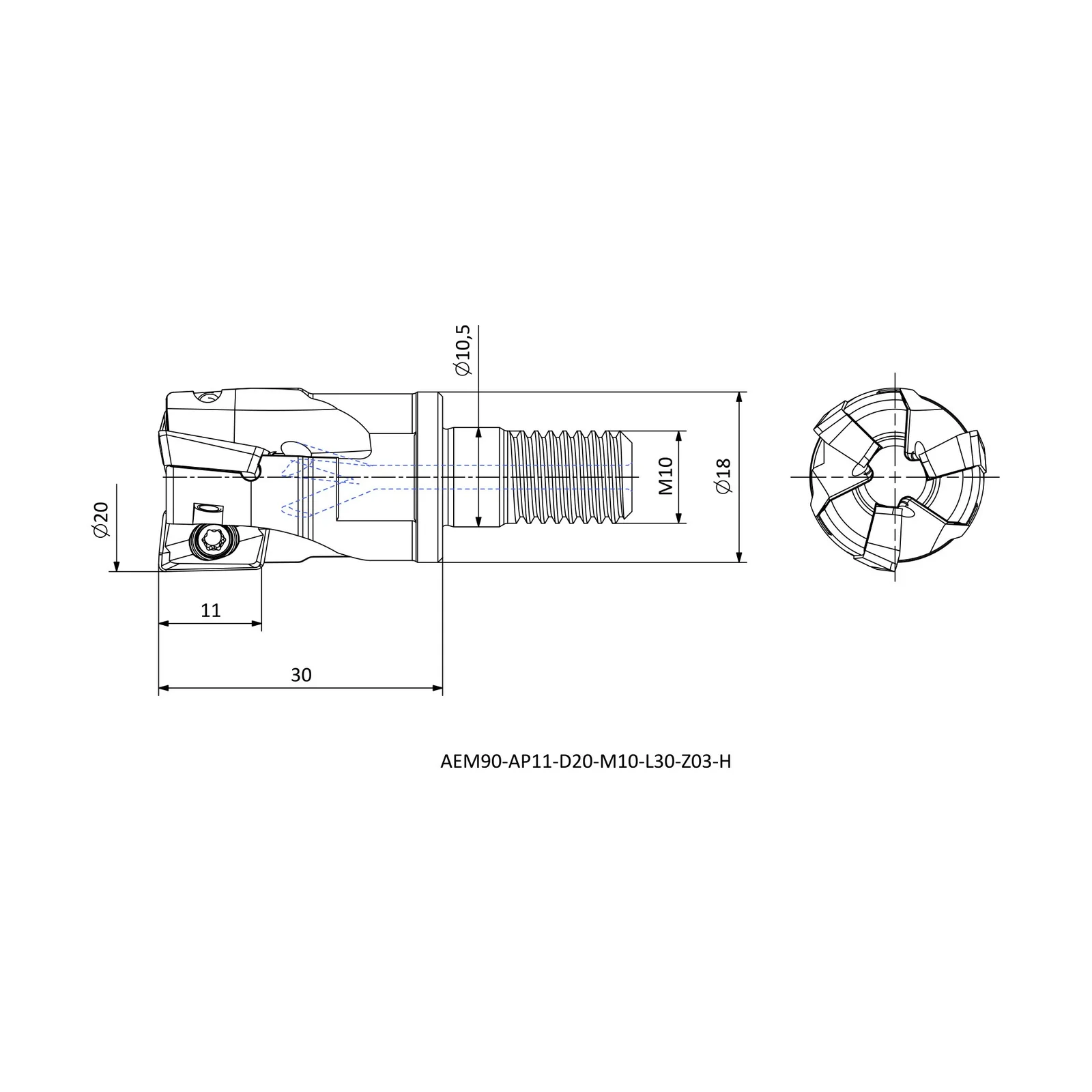 AEM90-AP11-D20-M10-L30-Z03-H &mdash; dimensioned drawing