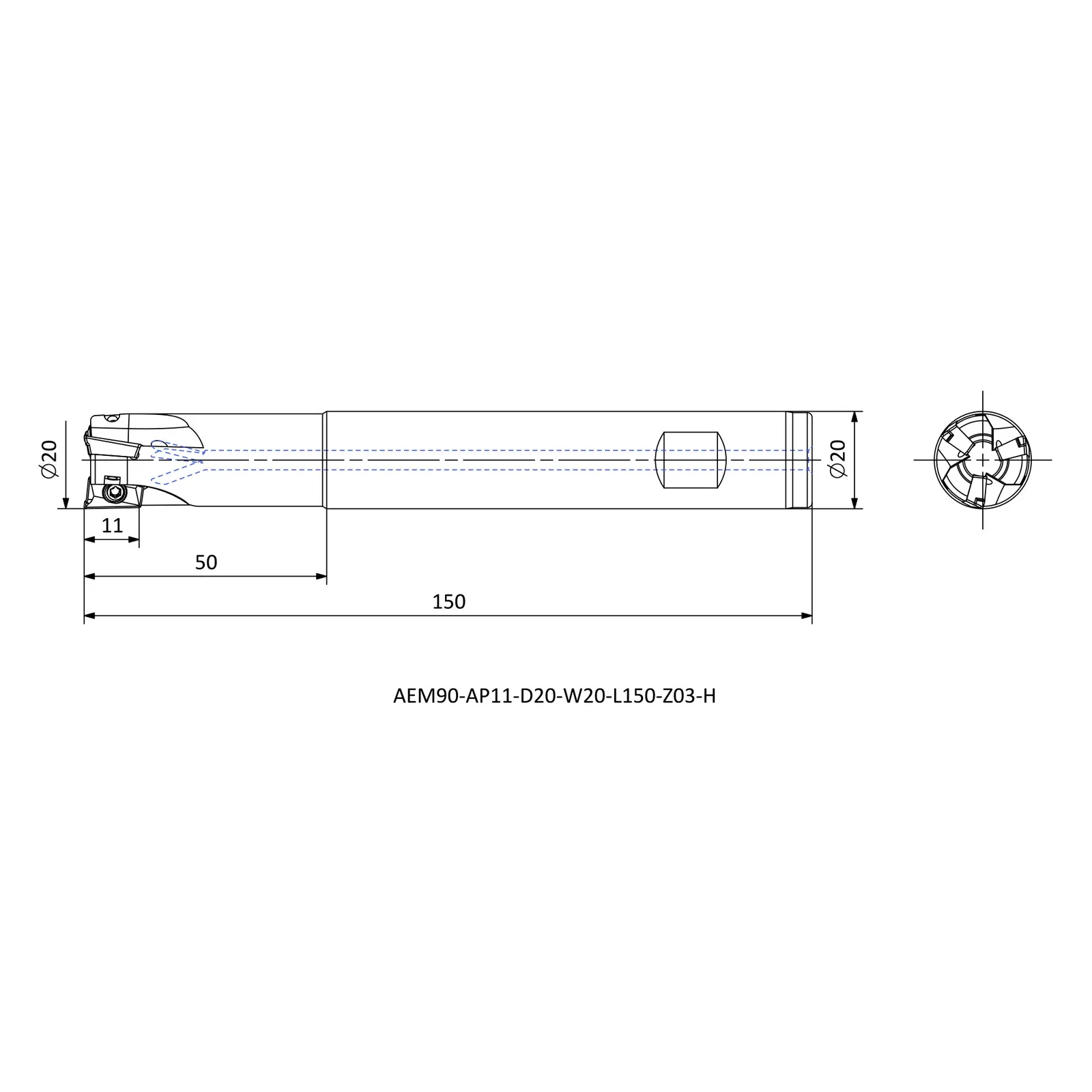AEM90-AP11-D20-W20-L150-Z03-H &mdash; dimensioned drawing