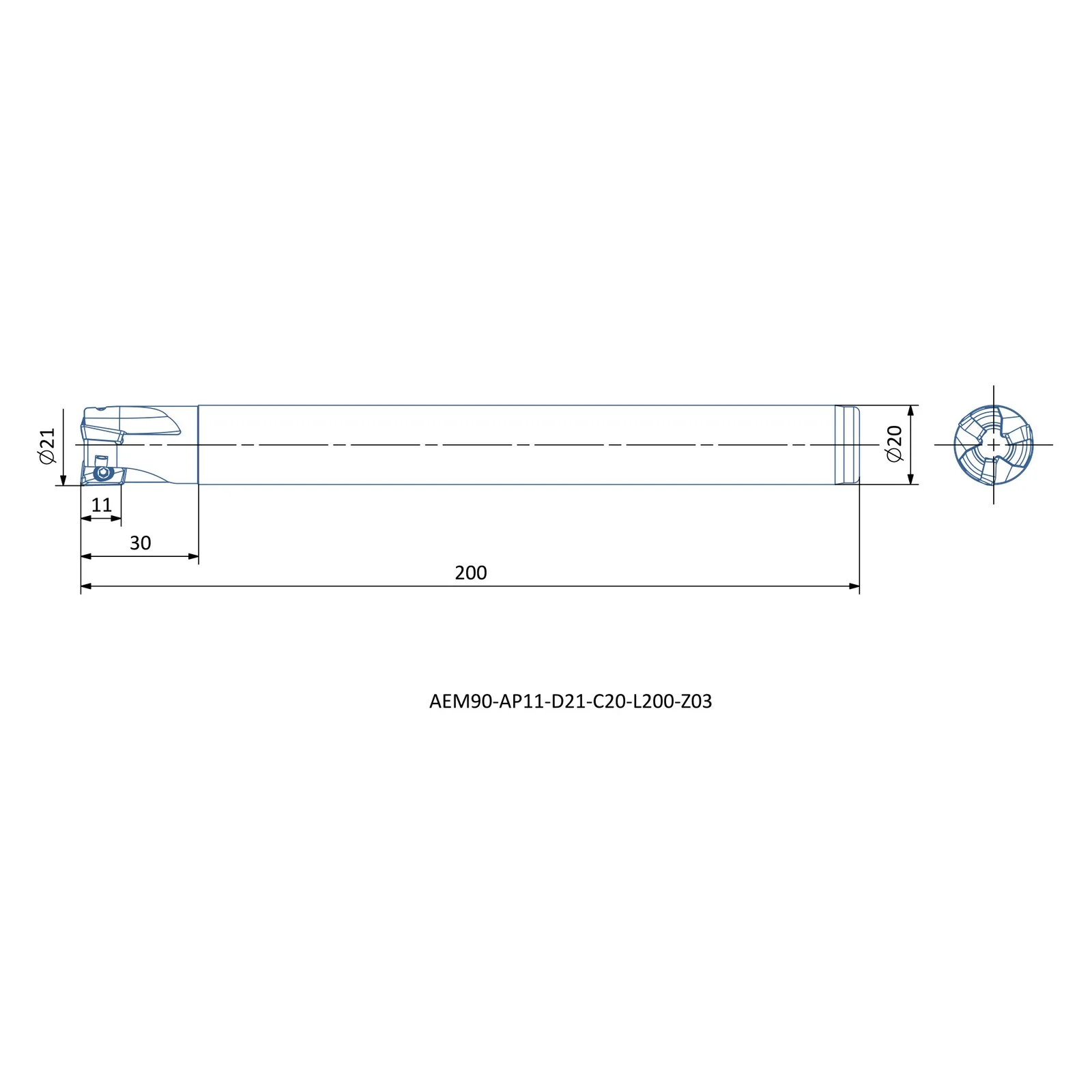 AEM90-AP11-D21-C20-L200-Z03 &mdash; dimensioned drawing