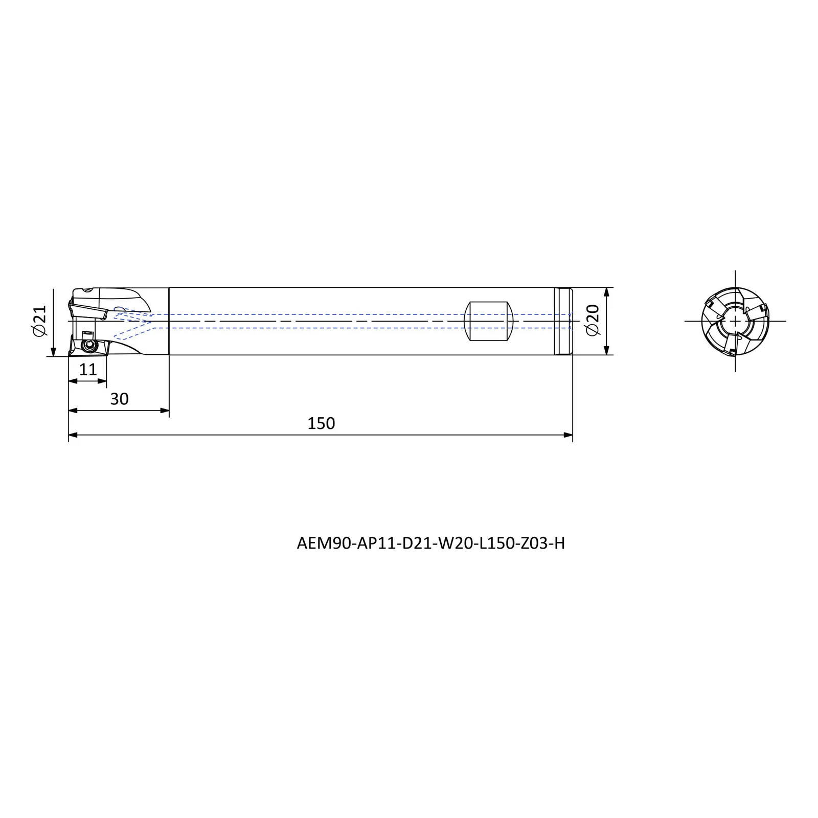 AEM90-AP11-D21-W20-L150-Z03-H &mdash; dimensioned drawing