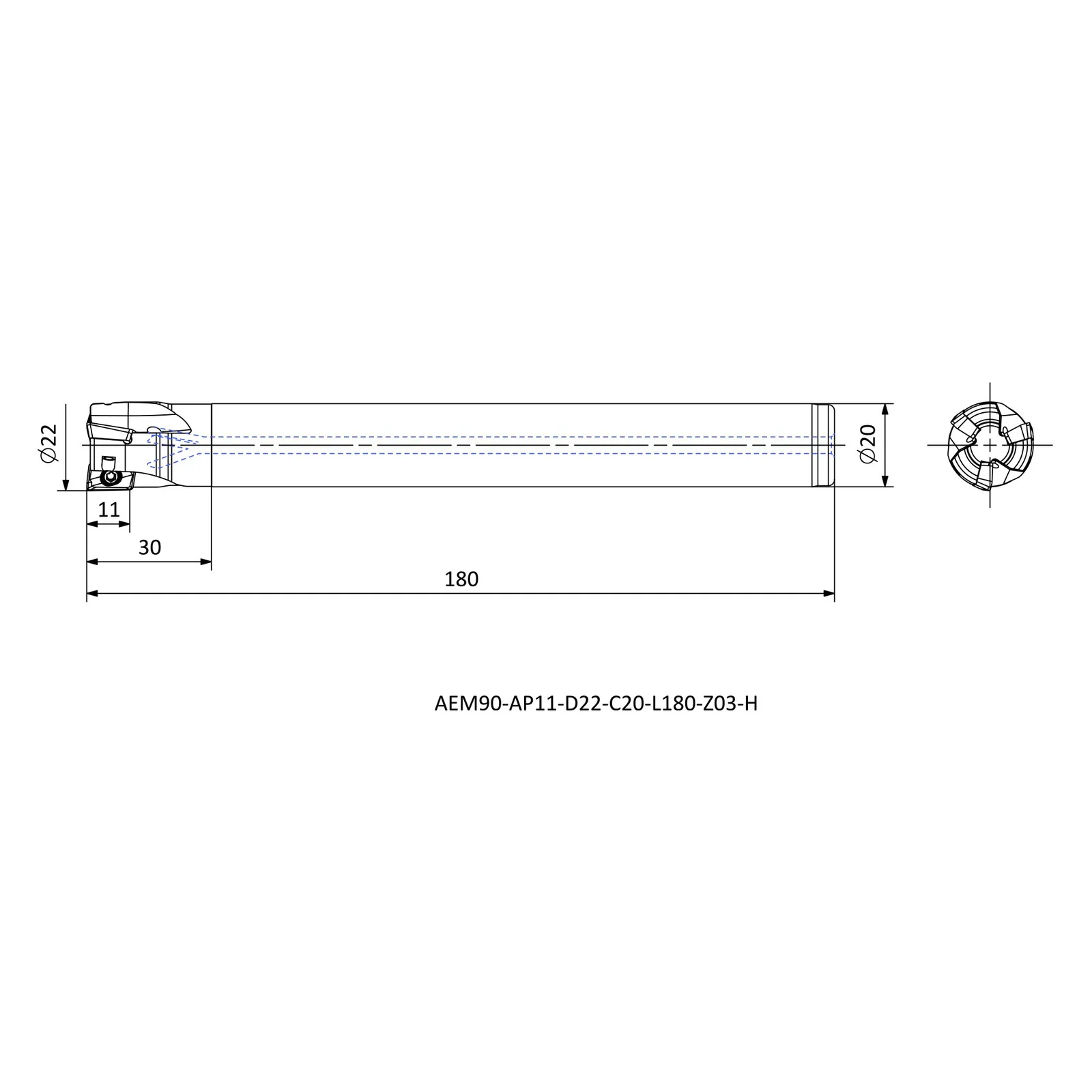 AEM90-AP11-D22-C20-L180-Z03-H &mdash; dimensioned drawing