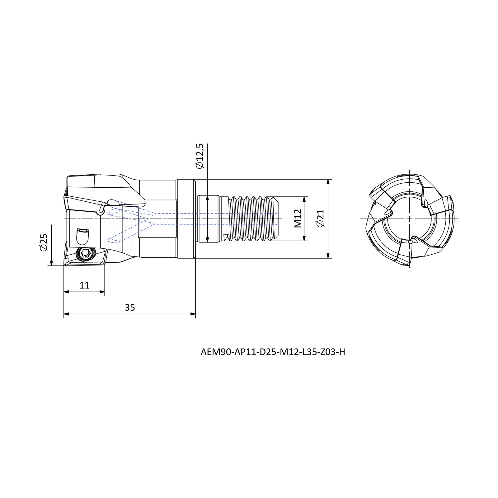 AEM90-AP11-D25-M12-L35-Z03-H &mdash; dimensioned drawing