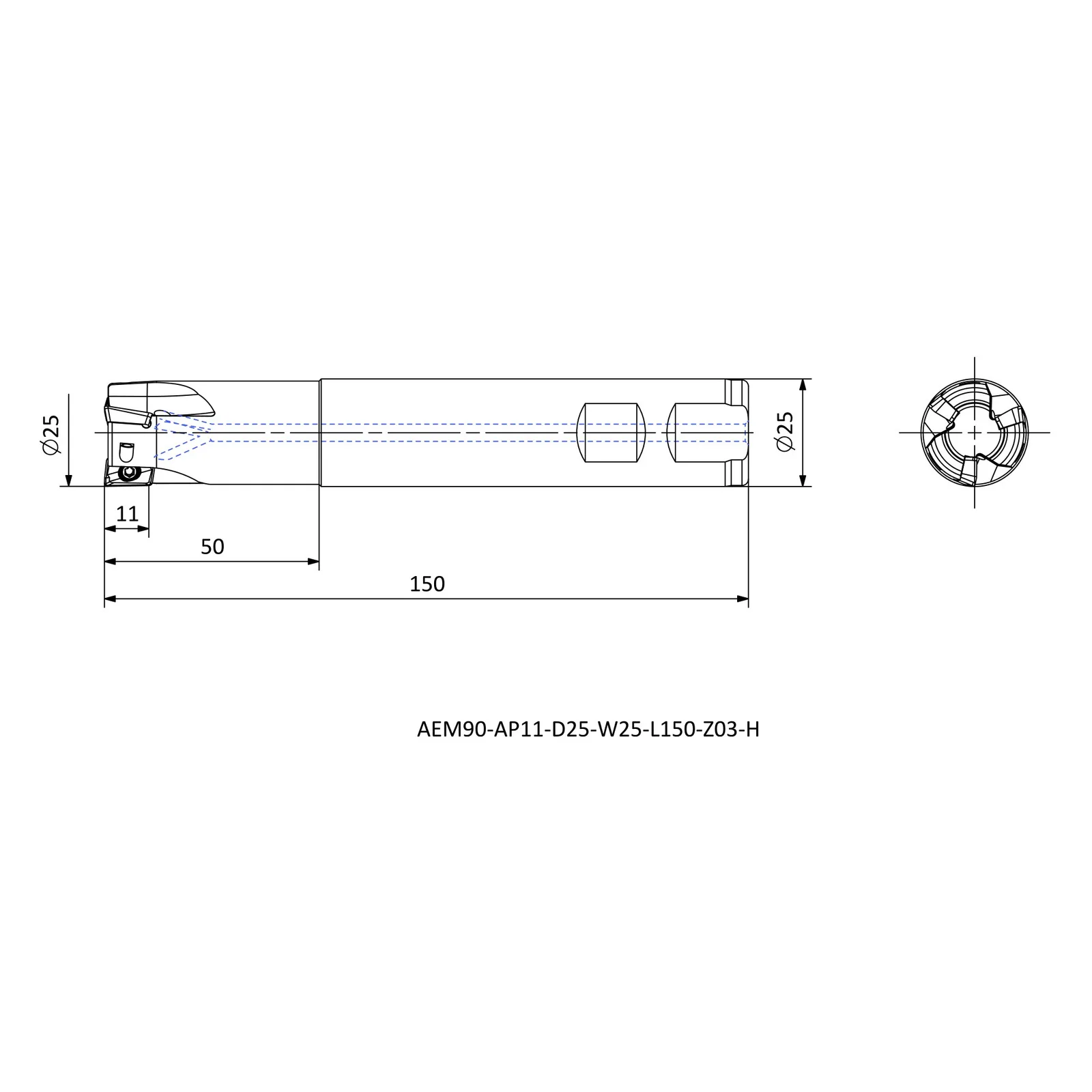 AEM90-AP11-D25-W25-L150-Z03-H &mdash; dimensioned drawing