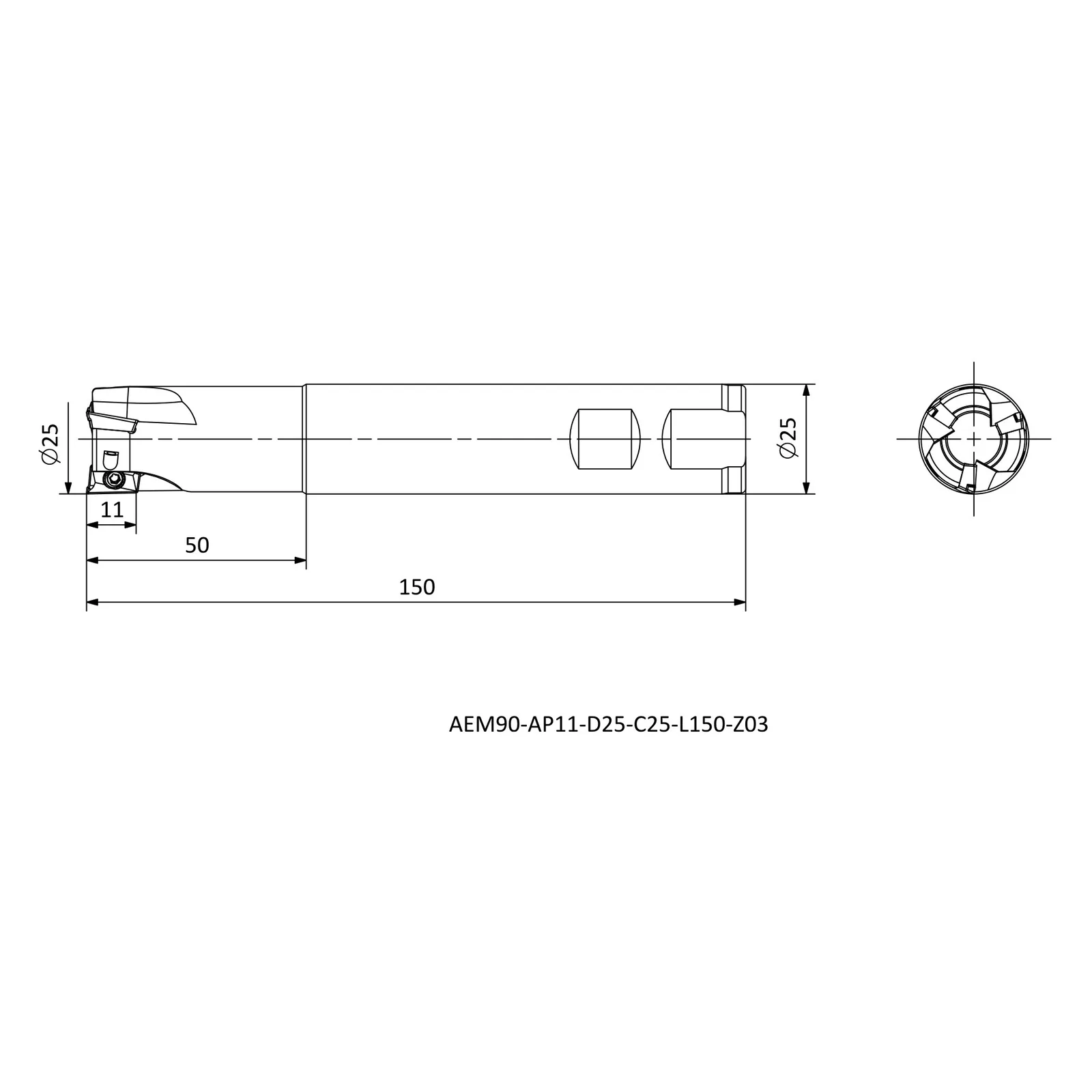 AEM90-AP11-D25-W25-L150-Z03 &mdash; dimensioned drawing