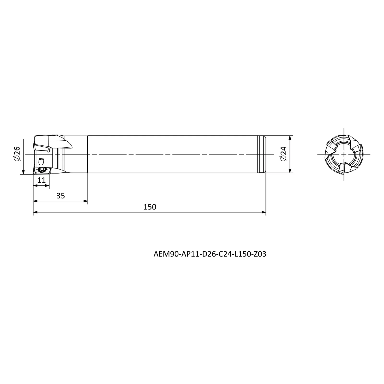 AEM90-AP11-D26-C24-L150-Z03 &mdash; dimensioned drawing