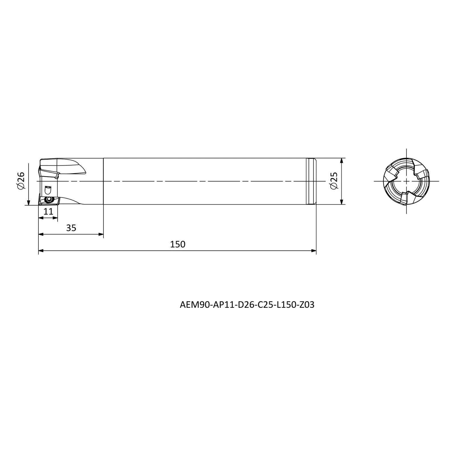AEM90-AP11-D26-C25-L150-Z03 &mdash; dimensioned drawing