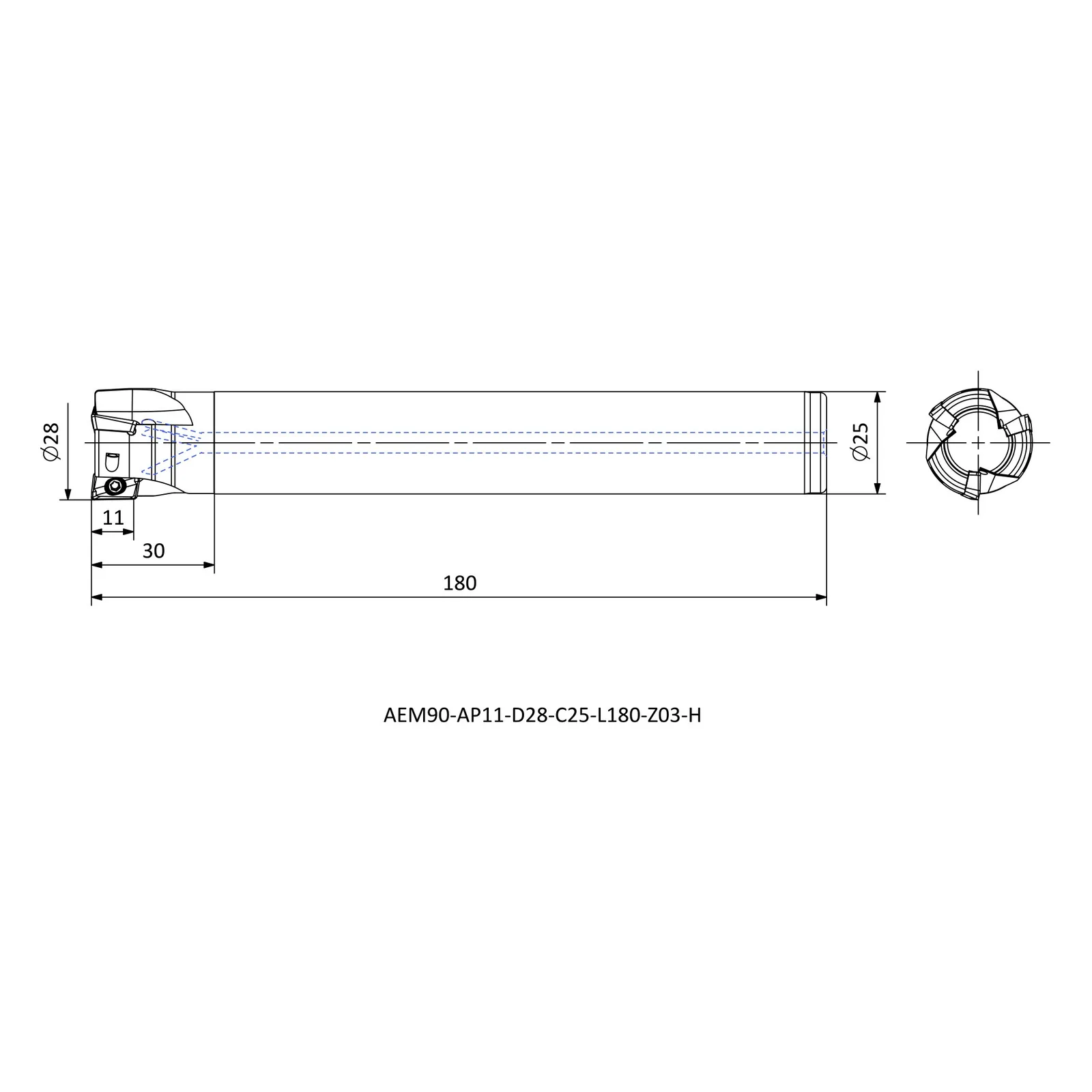 AEM90-AP11-D28-C25-L180-Z03-H &mdash; dimensioned drawing