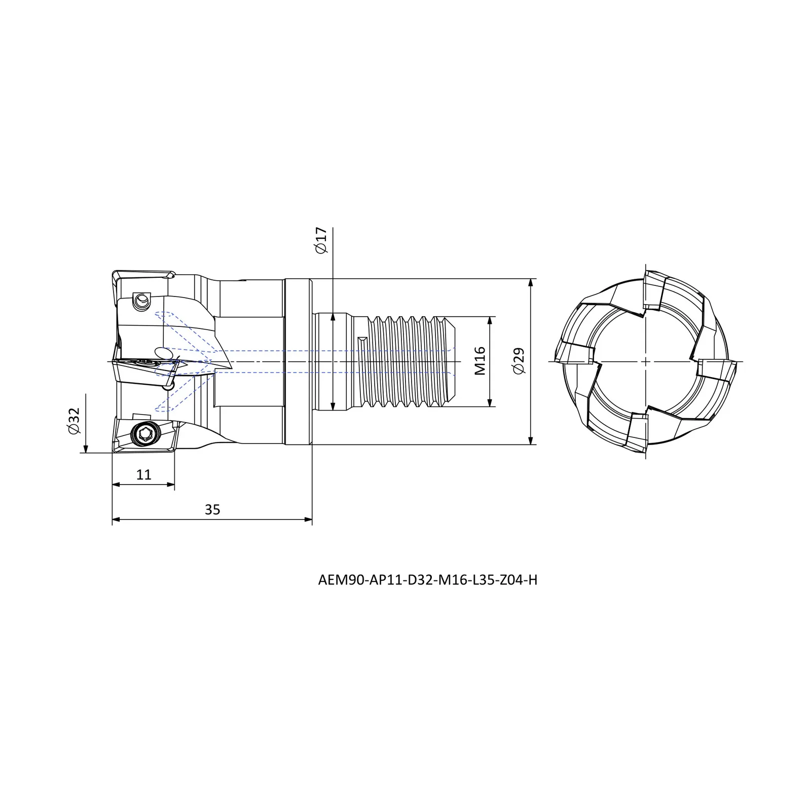 AEM90-AP11-D32-M16-L35-Z04-H &mdash; dimensioned drawing