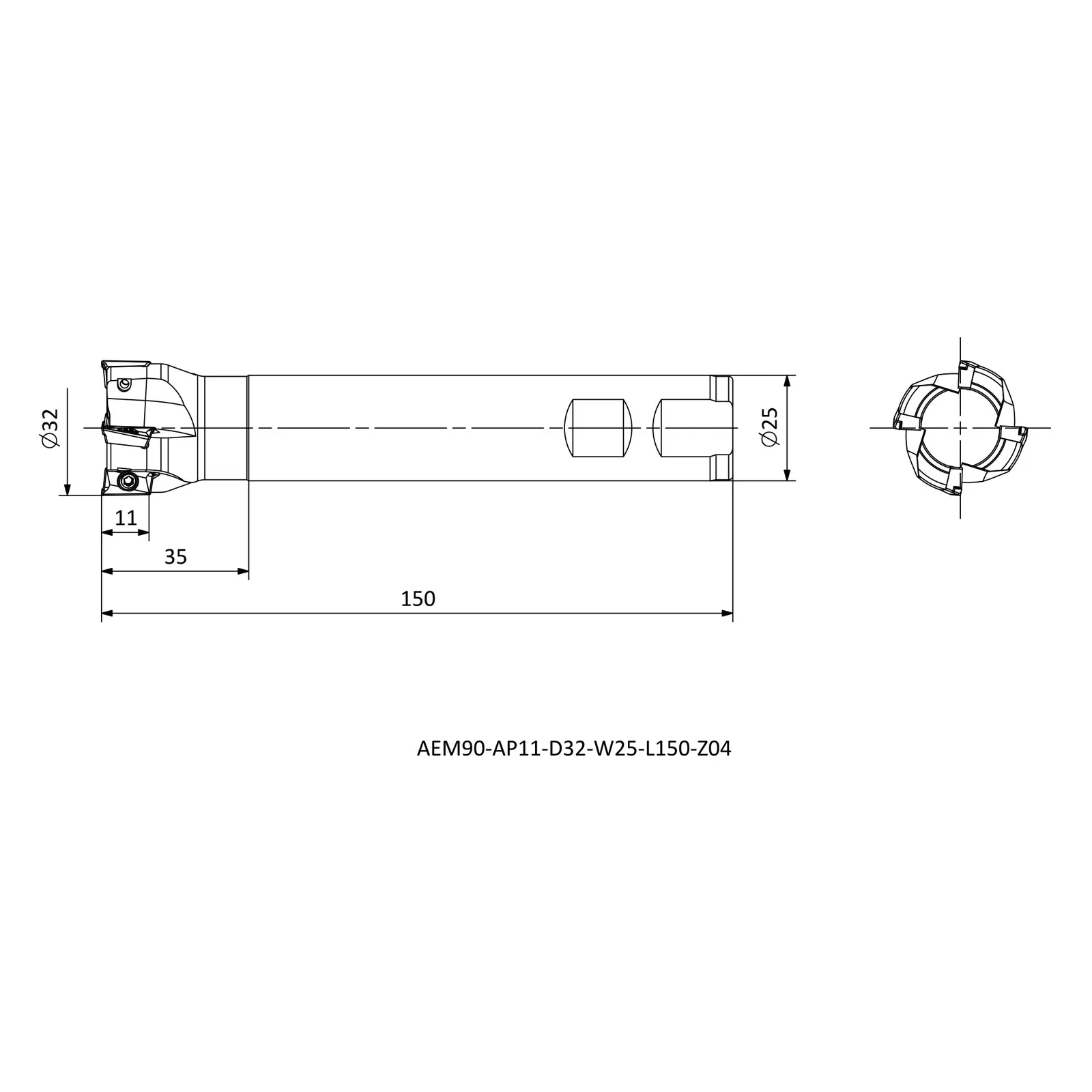 AEM90-AP11-D32-W25-L150-Z04 &mdash; dimensioned drawing