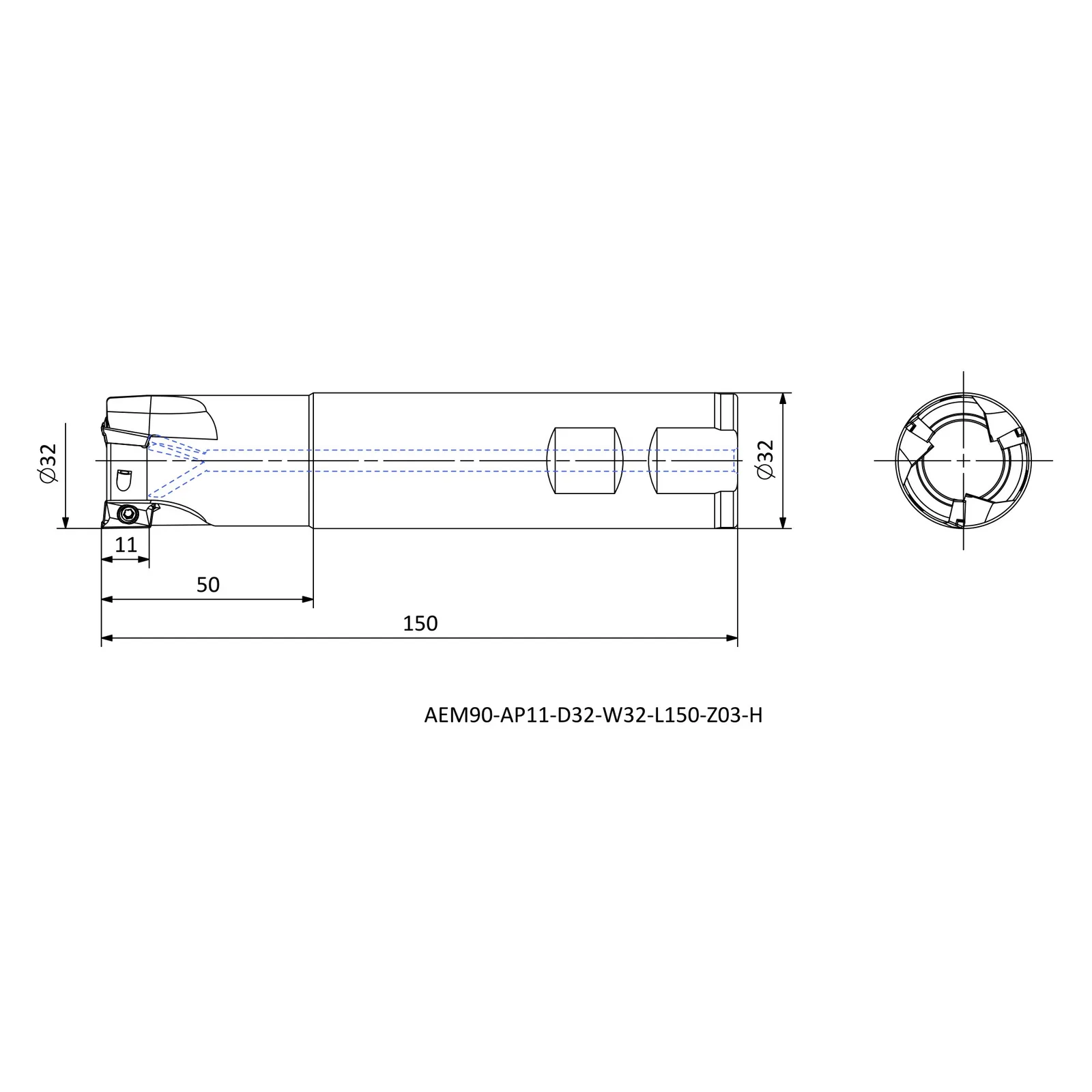 AEM90-AP11-D32-W32-L150-Z03-H &mdash; dimensioned drawing