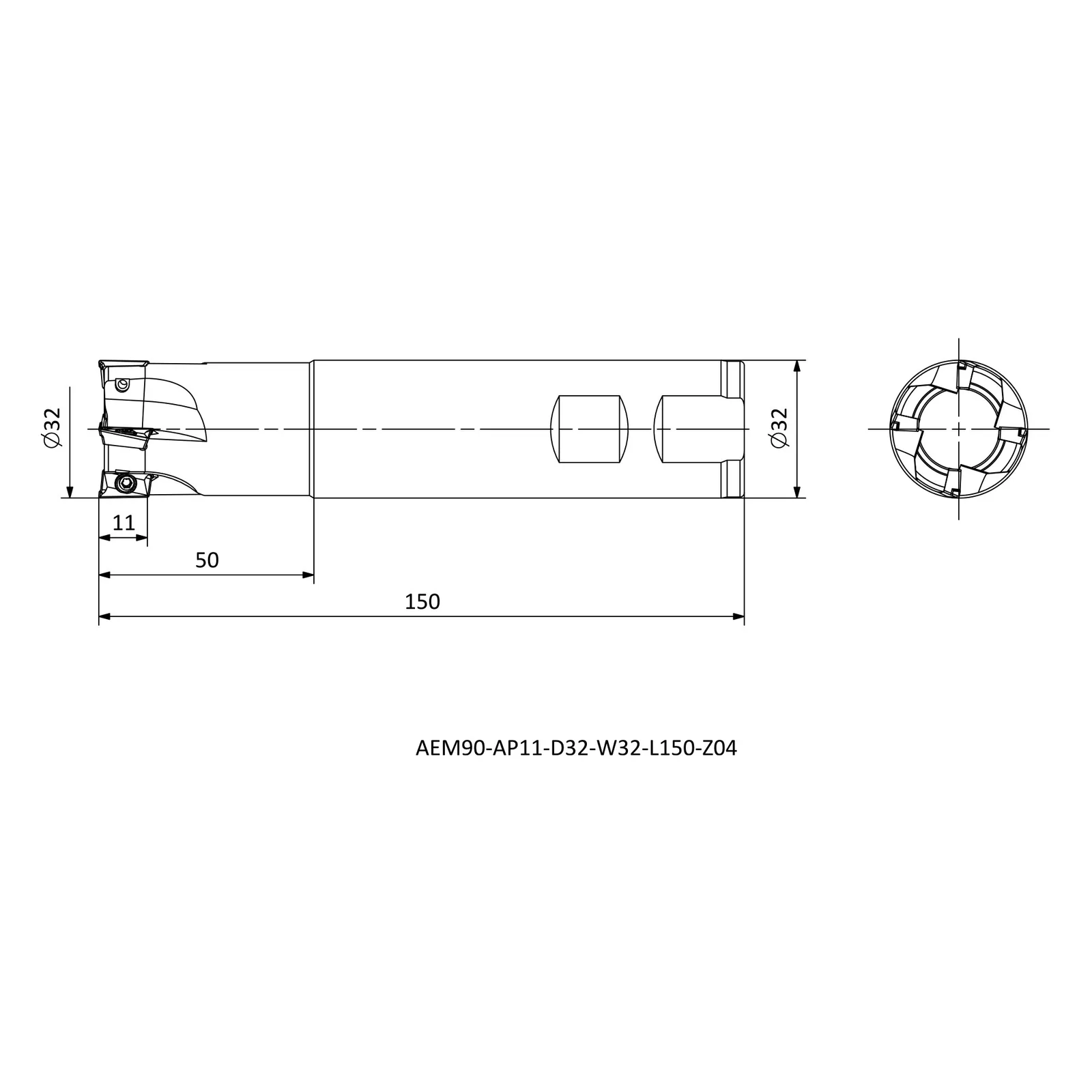 AEM90-AP11-D32-W32-L150-Z04 &mdash; dimensioned drawing