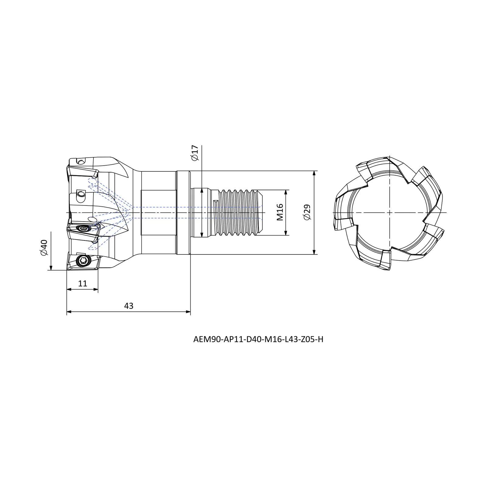 AEM90-AP11-D40-M16-L43-Z05-H &mdash; dimensioned drawing