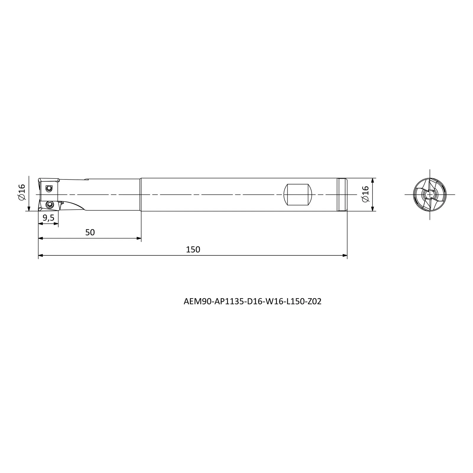 AEM90-AP1135-D16-W16-L150-Z02 &mdash; dimensioned drawing