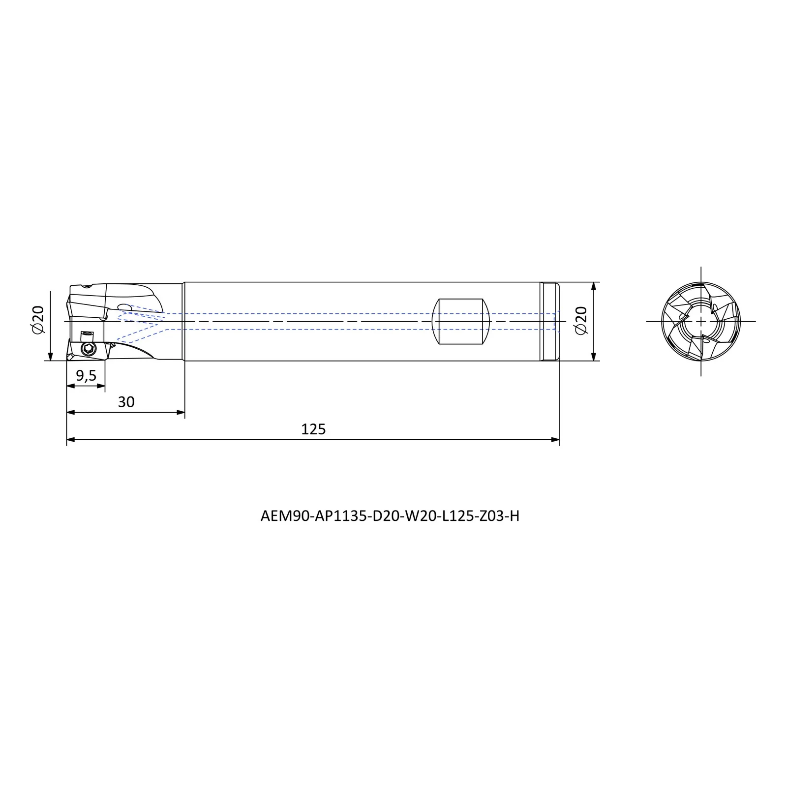 AEM90-AP1135-D20-W20-L125-Z03-H &mdash; dimensioned drawing