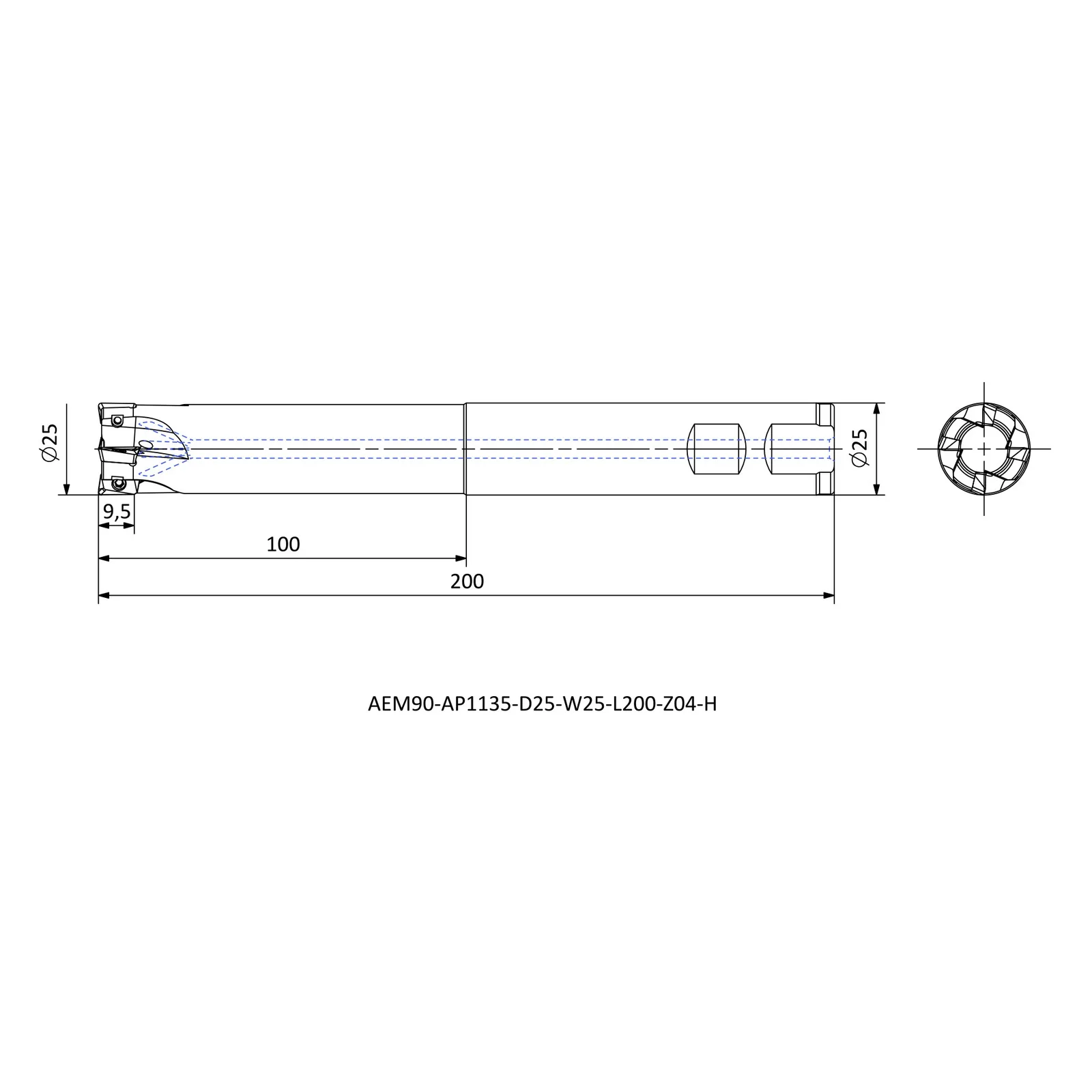AEM90-AP1135-D25-W25-L200-Z04-H &mdash; dimensioned drawing