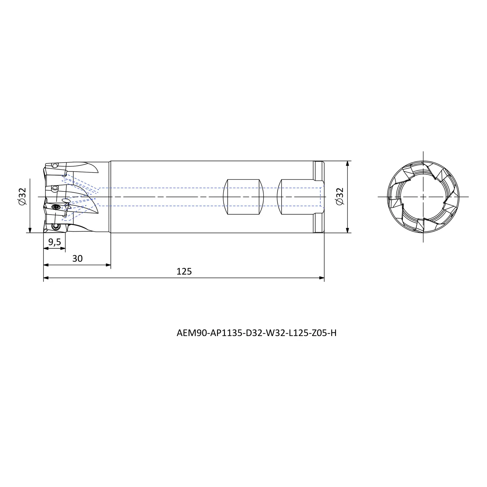 AEM90-AP1135-D32-W32-L125-Z05-H &mdash; dimensioned drawing