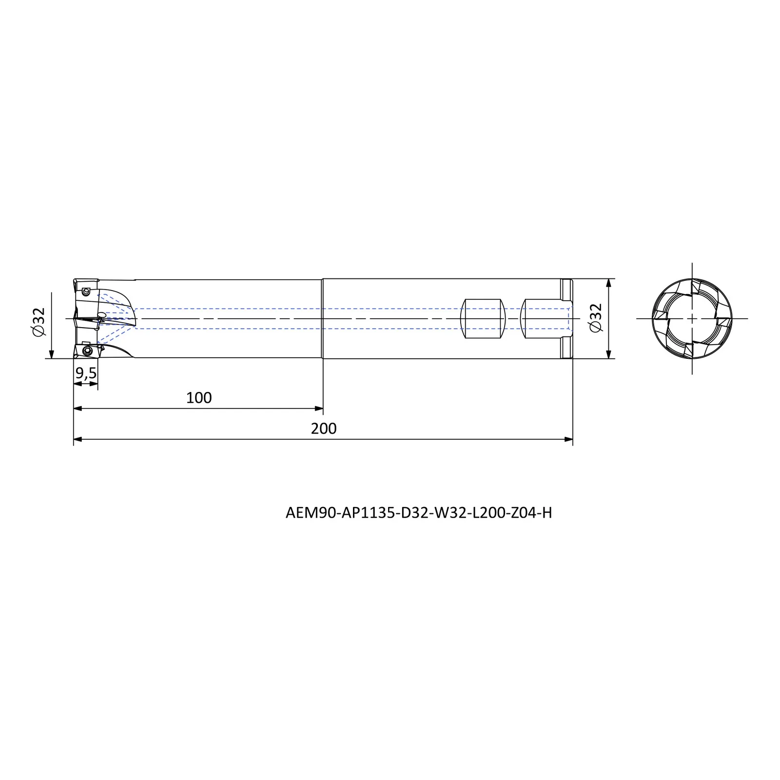 AEM90-AP1135-D32-W32-L200-Z04-H &mdash; dimensioned drawing