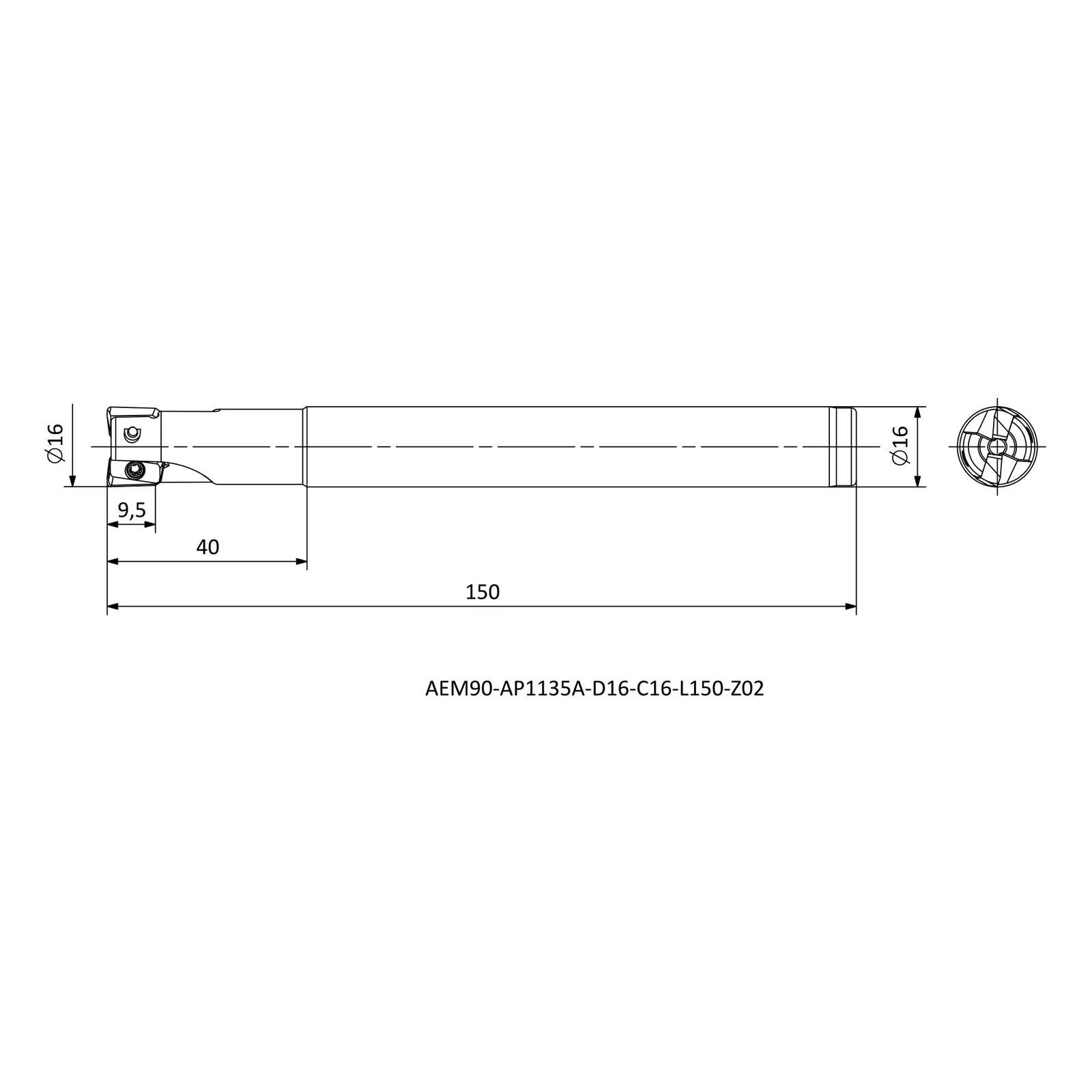 AEM90-AP1135A-D16-C16-L150-Z02 &mdash; dimensioned drawing