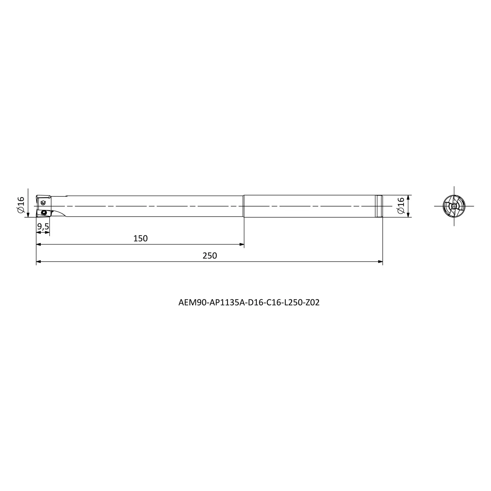 AEM90-AP1135A-D16-C16-L250-Z02 &mdash; dimensioned drawing