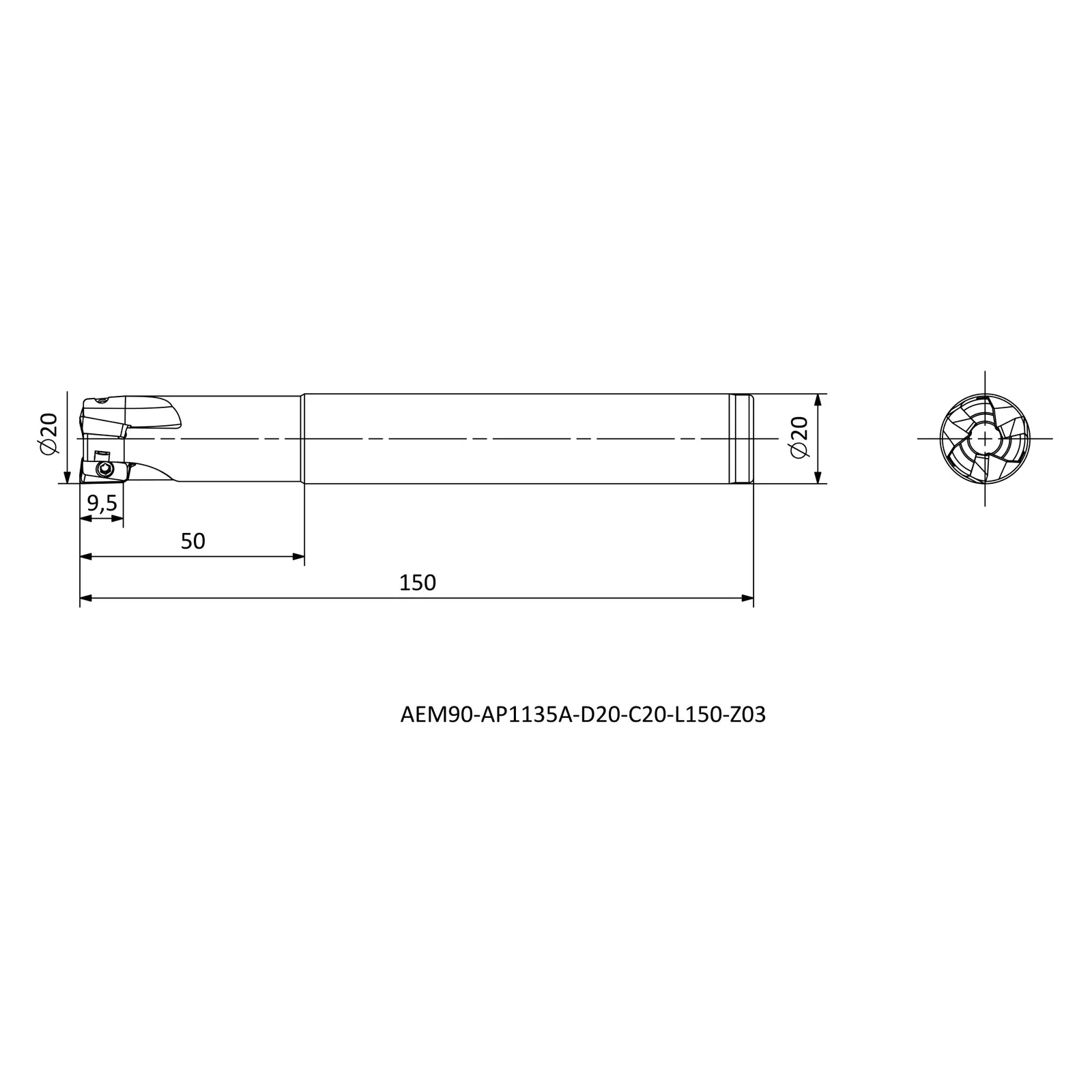 AEM90-AP1135A-D20-C20-L150-Z03 &mdash; dimensioned drawing