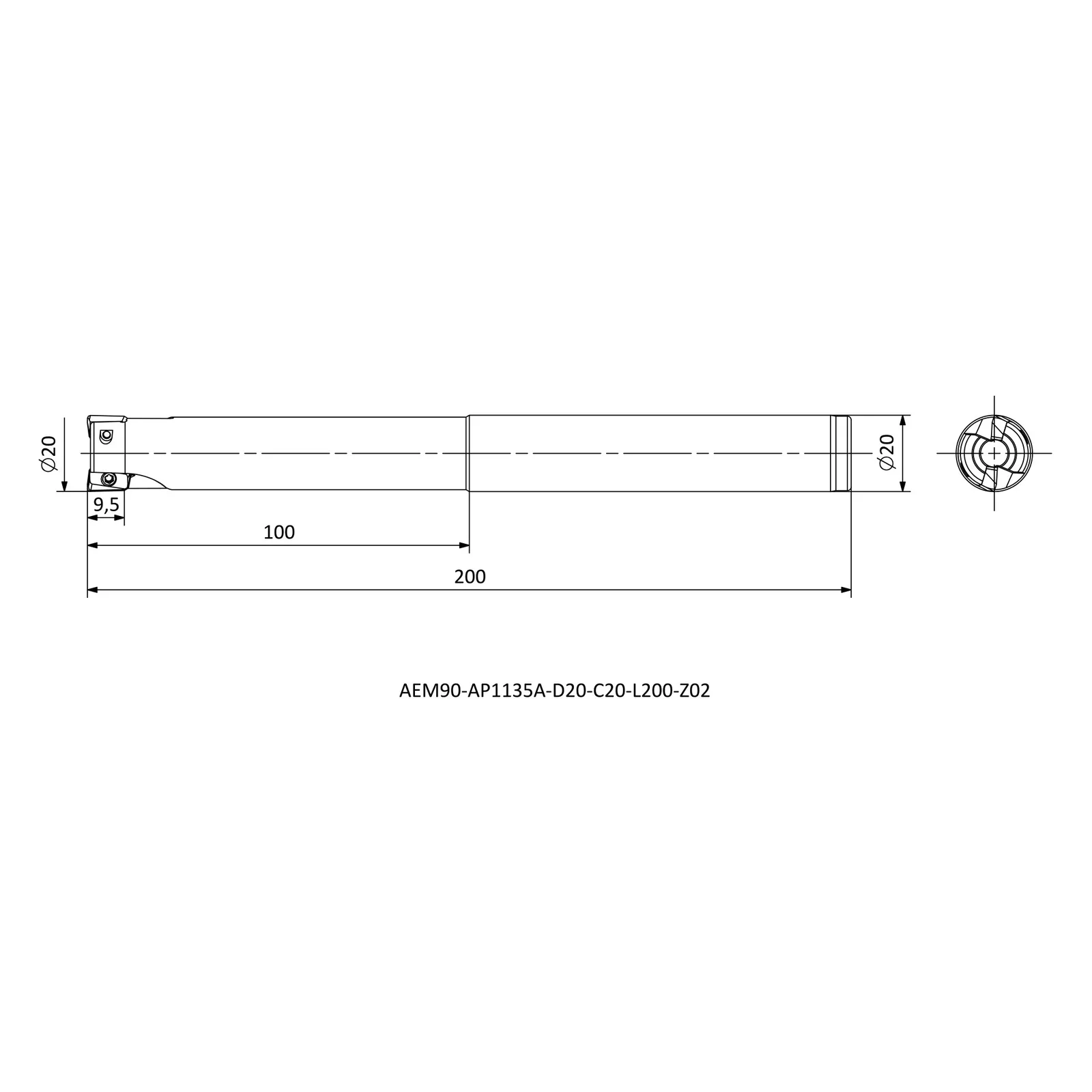 AEM90-AP1135A-D20-C20-L200-Z02 &mdash; dimensioned drawing