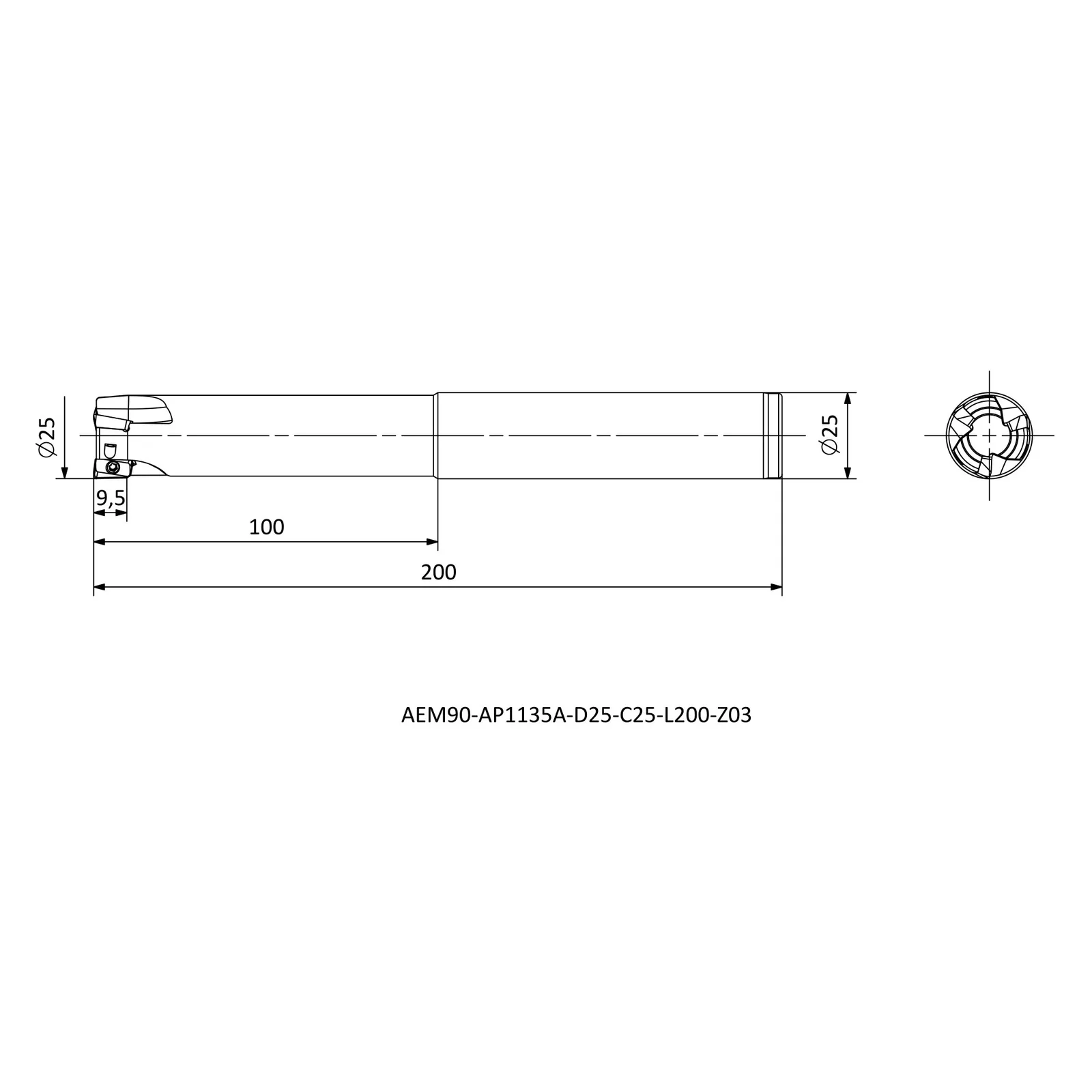 AEM90-AP1135A-D25-C25-L200-Z03 &mdash; dimensioned drawing