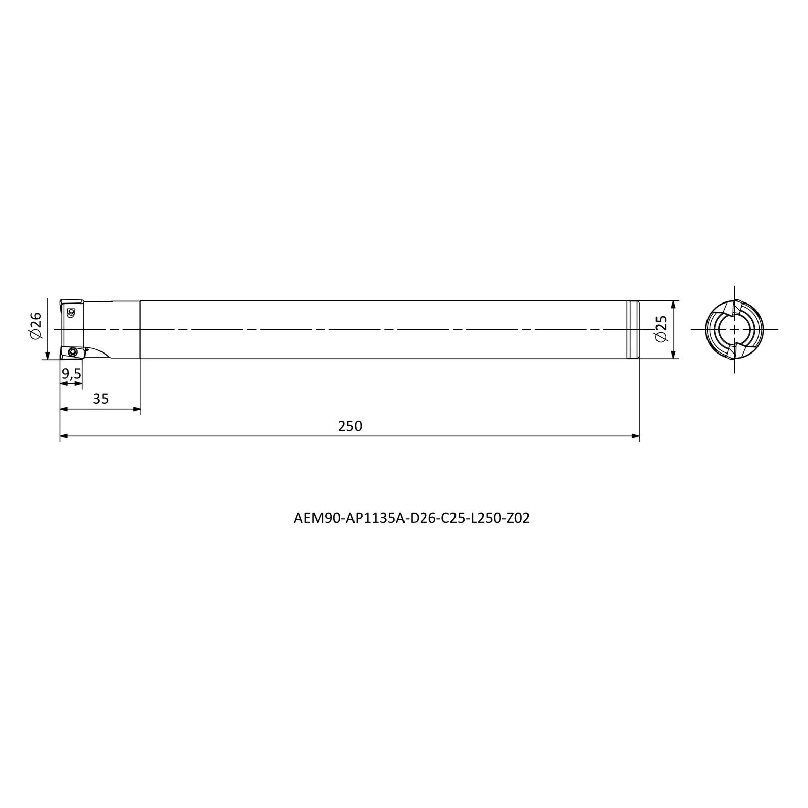 AEM90-AP1135A-D26-C25-L250-Z02 &mdash; dimensioned drawing