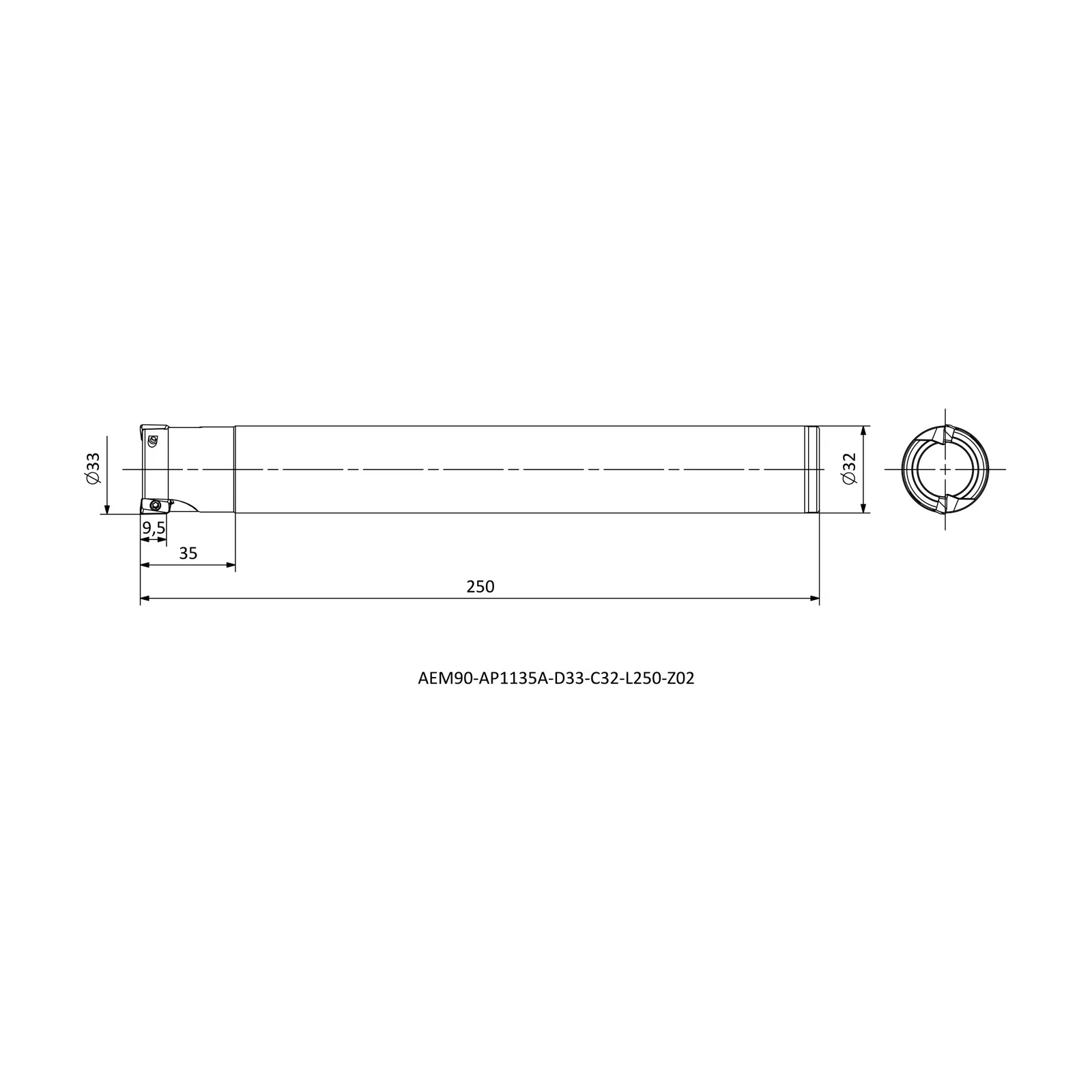 AEM90-AP1135A-D33-C32-L250-Z02 &mdash; dimensioned drawing
