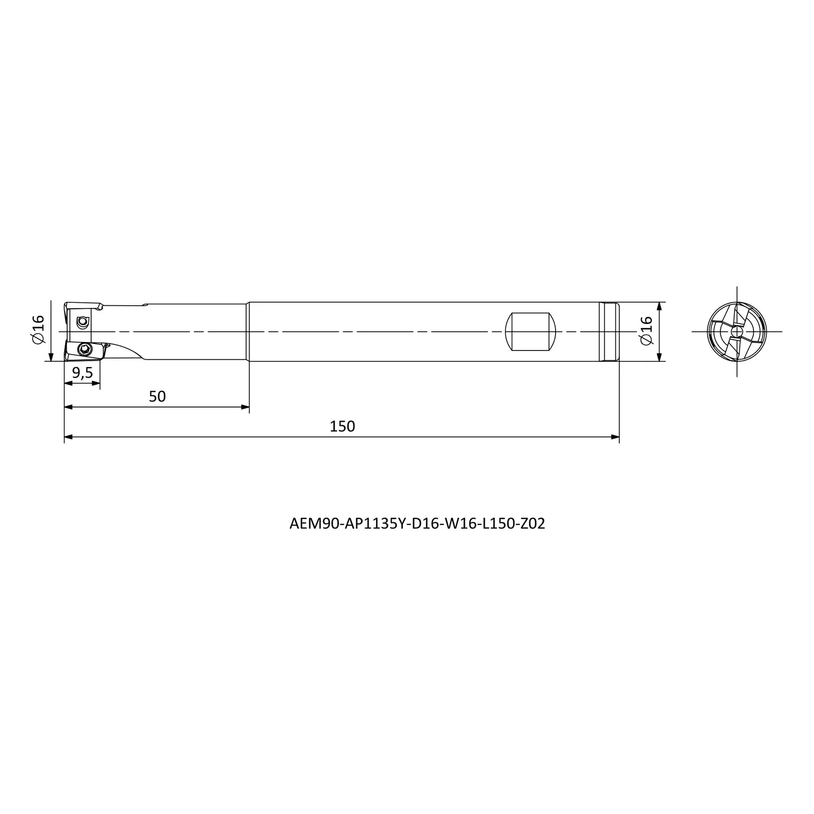 AEM90-AP1135Y-D16-W16-L150-Z02 &mdash; dimensioned drawing