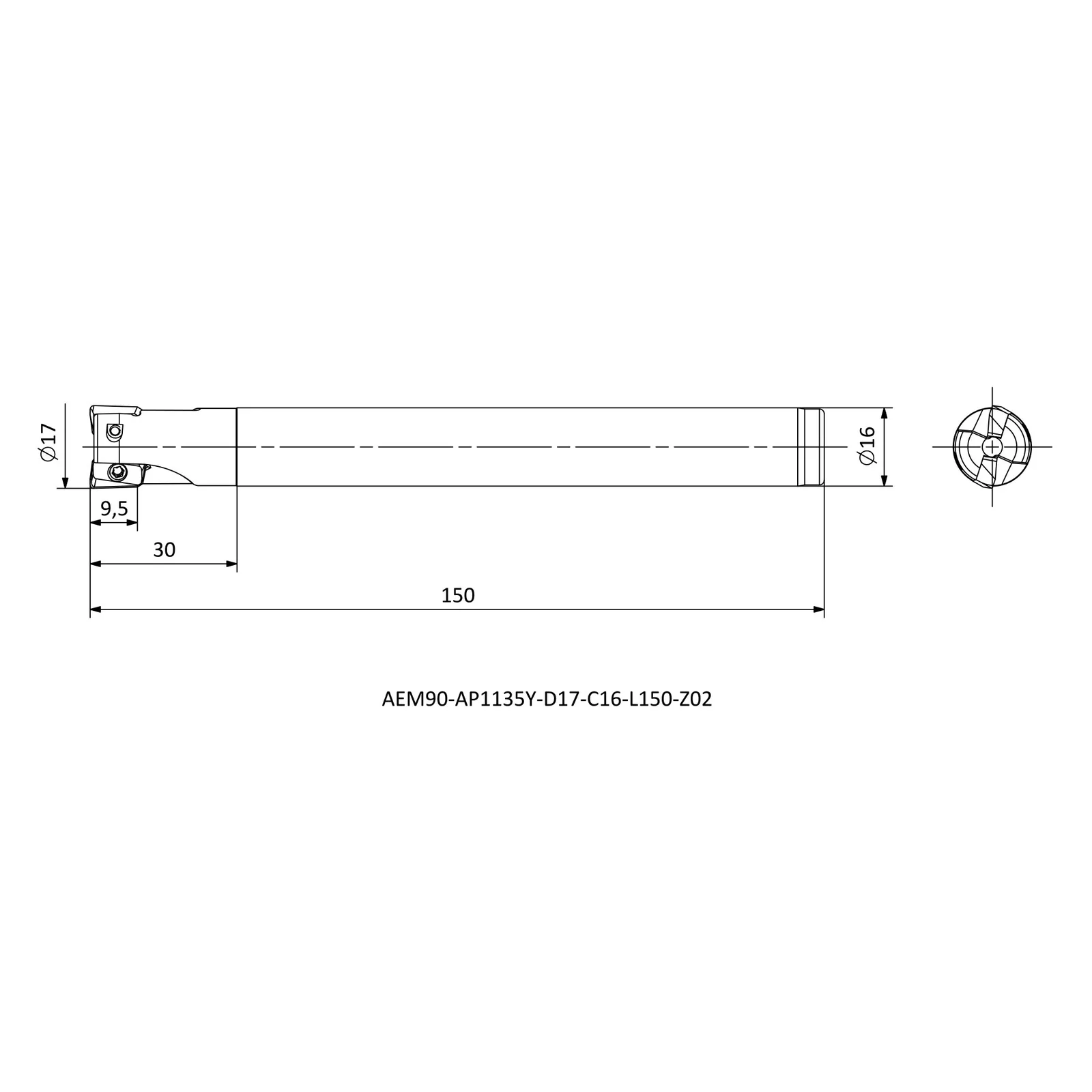 AEM90-AP1135Y-D17-C16-L150-Z02 &mdash; dimensioned drawing