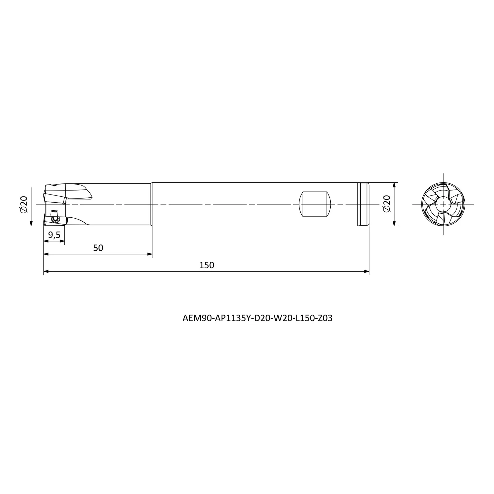 AEM90-AP1135Y-D20-W20-L150-Z03 &mdash; dimensioned drawing