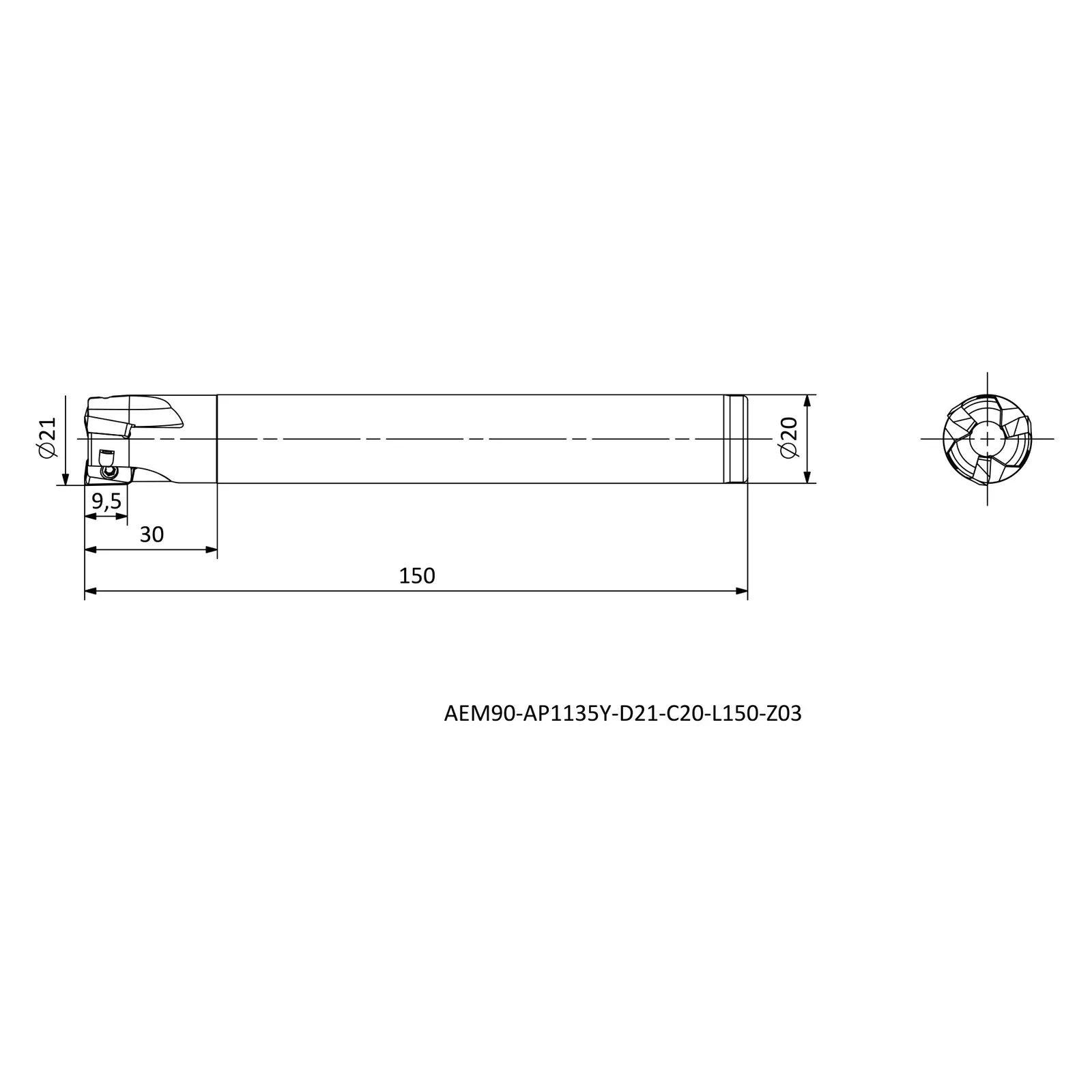 AEM90-AP1135Y-D21-C20-L150-Z03 &mdash; dimensioned drawing