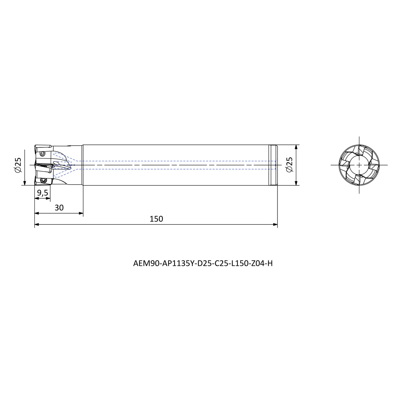 AEM90-AP1135Y-D25-C25-L150-Z04-H &mdash; dimensioned drawing