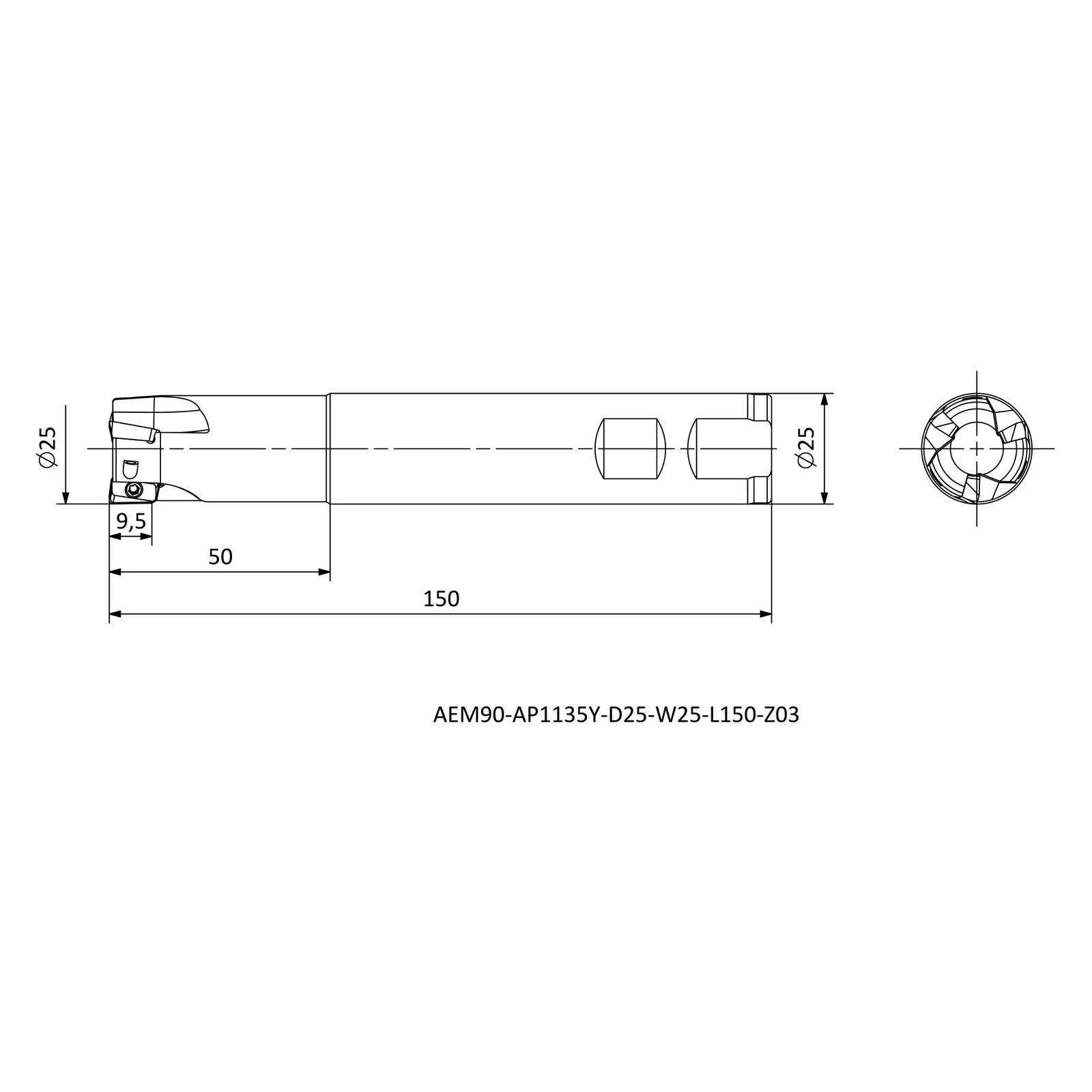 AEM90-AP1135Y-D25-W25-L150-Z03 &mdash; dimensioned drawing