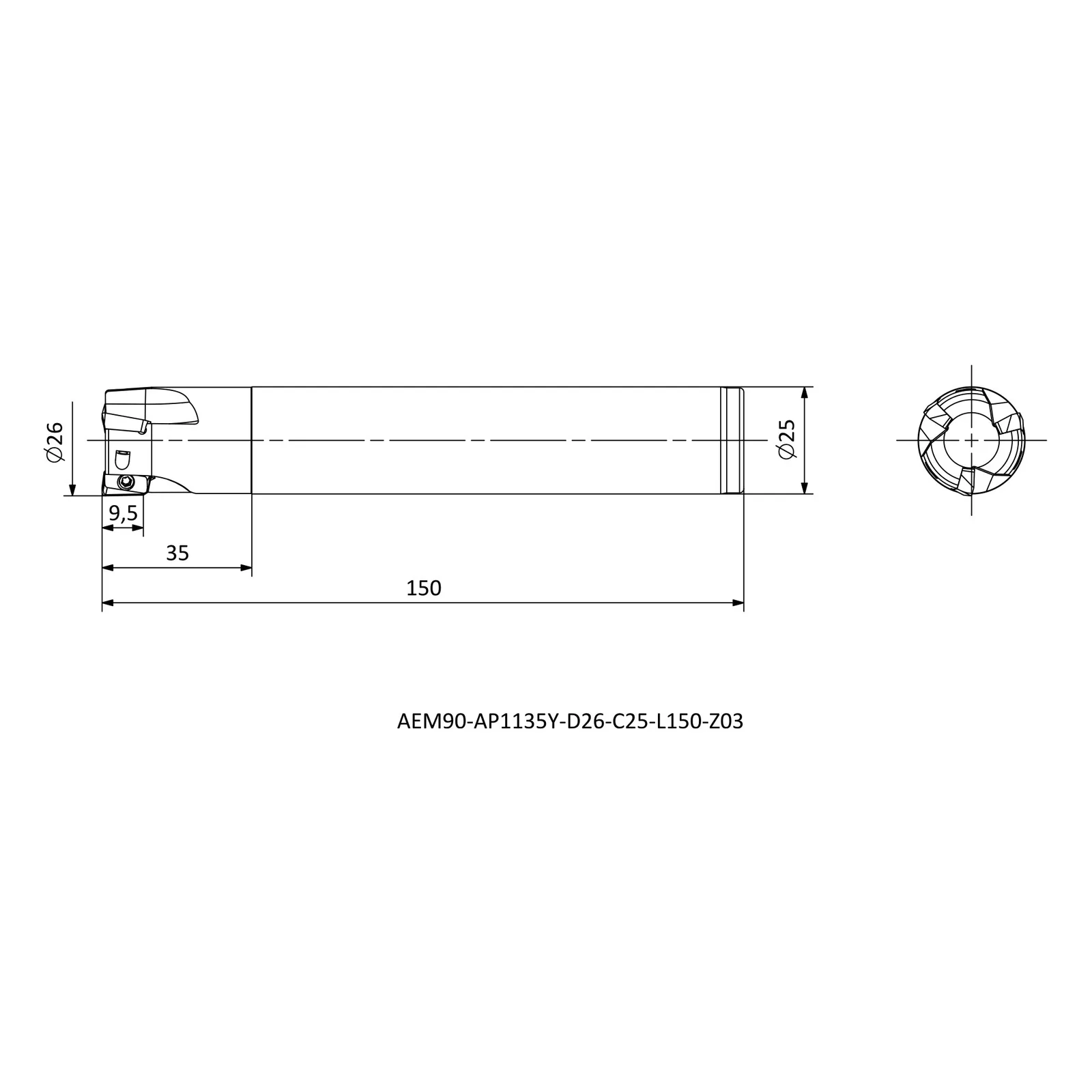 AEM90-AP1135Y-D26-C25-L150-Z03 &mdash; dimensioned drawing