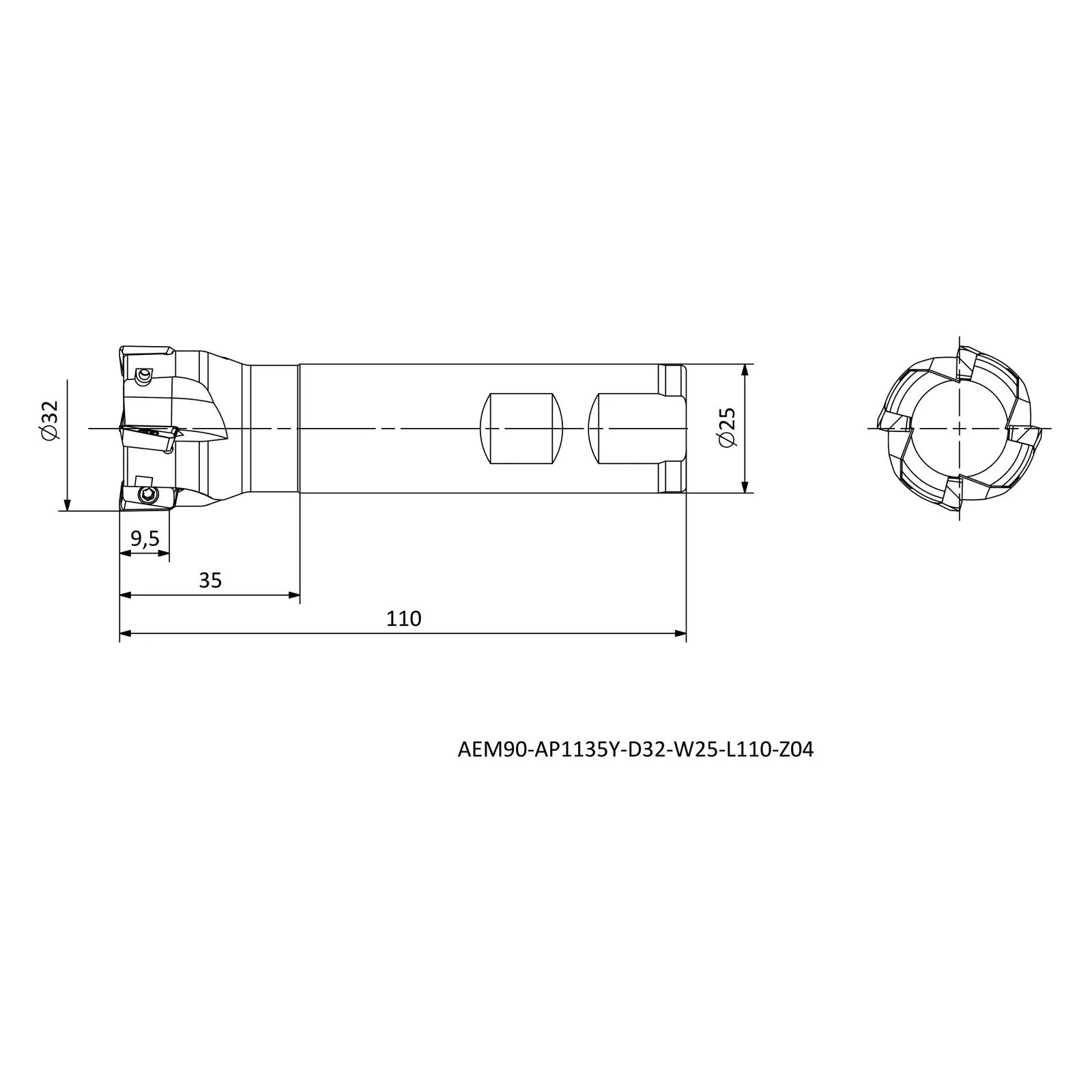 AEM90-AP1135Y-D32-W25-L110-Z04 &mdash; dimensioned drawing